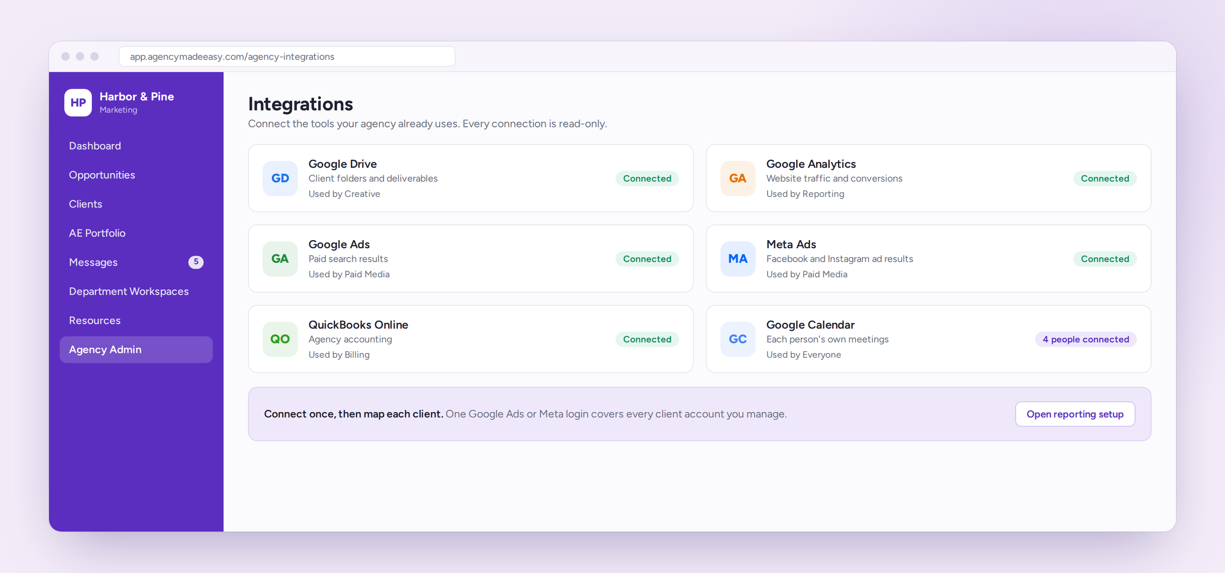 Integrations page showing connected Google Drive, Google Analytics, Google Ads, Meta Ads, QuickBooks Online, and Google Calendar."