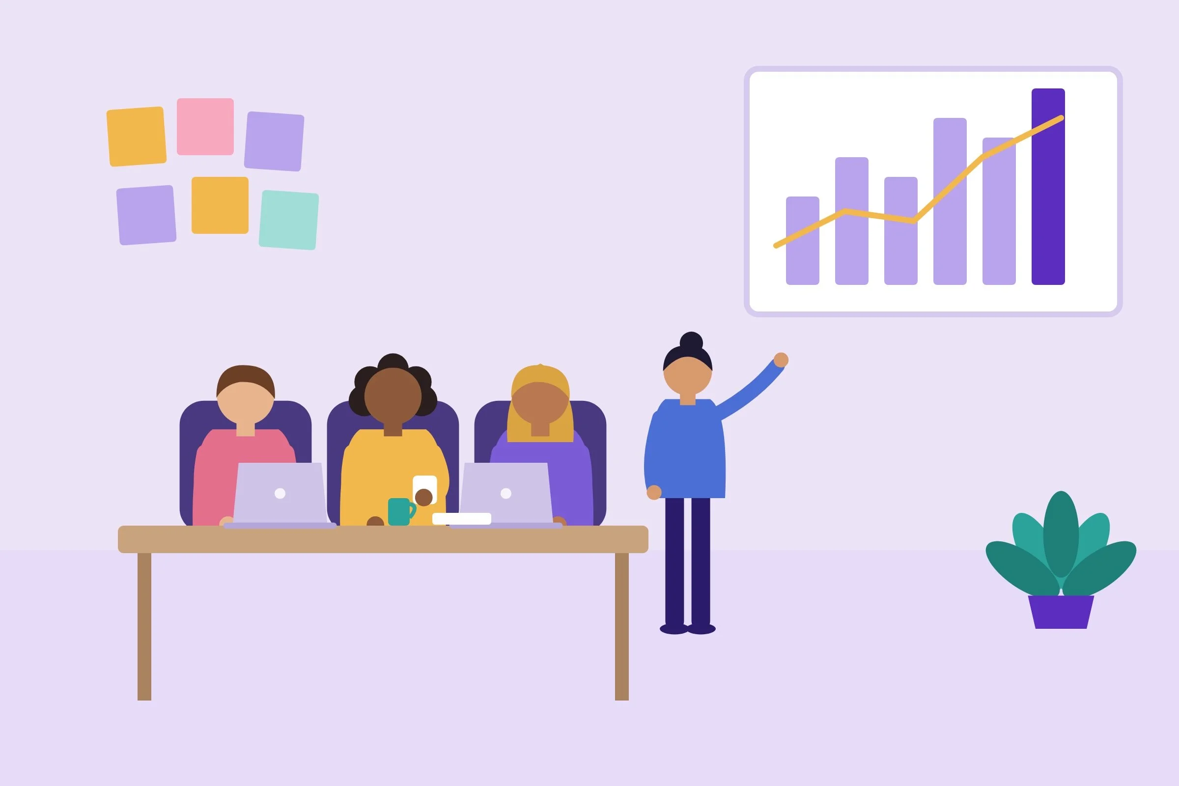 Illustration of an advertising meeting setting with women seated at a table with laptops and coffee, a person standing and pointing at a bar chart on the wall, with a large plant on the side.