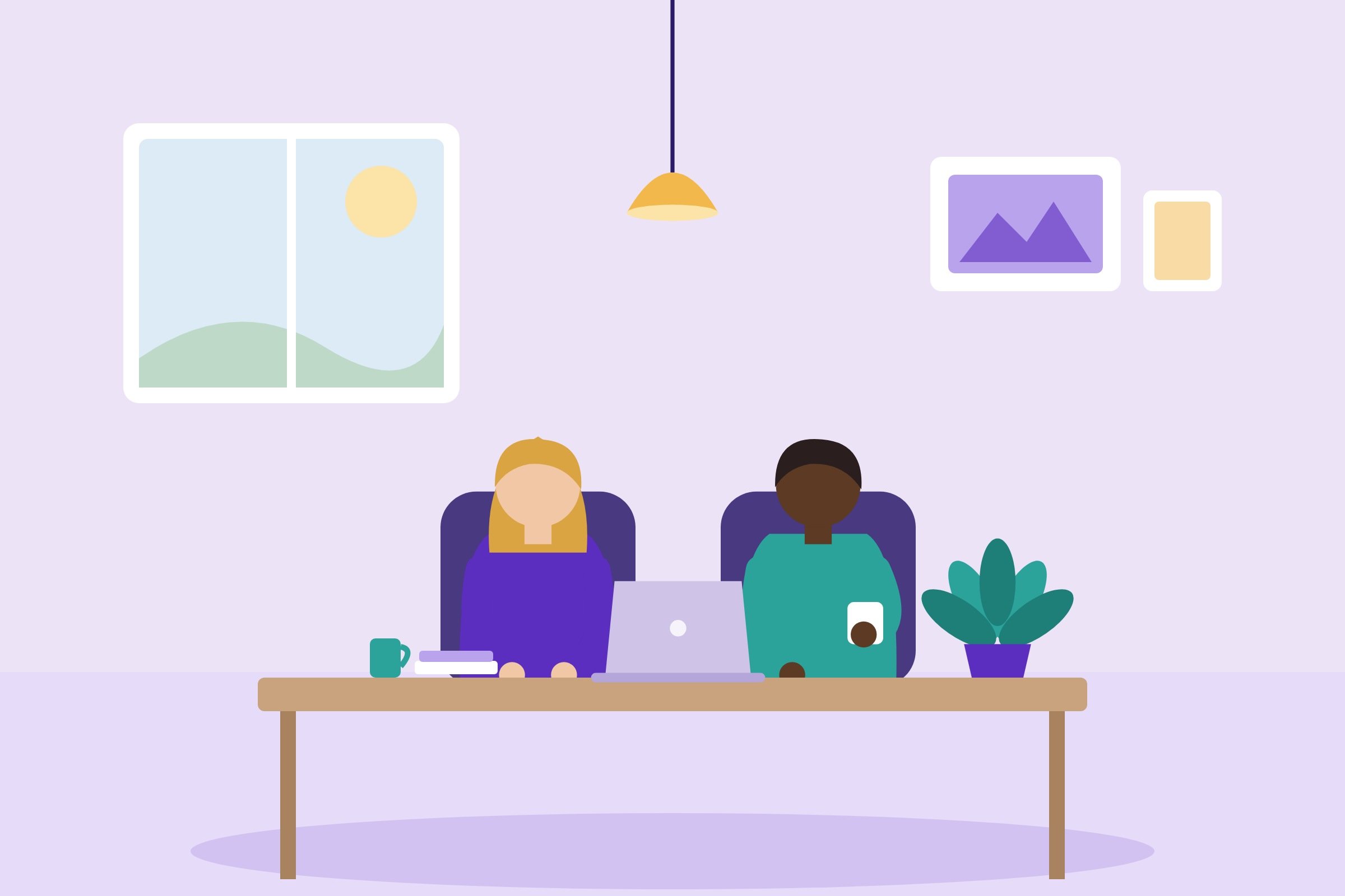 Illustration of two people sitting at a desk with laptops, coffee cups, and a plant in a room with framed pictures and a hanging light.