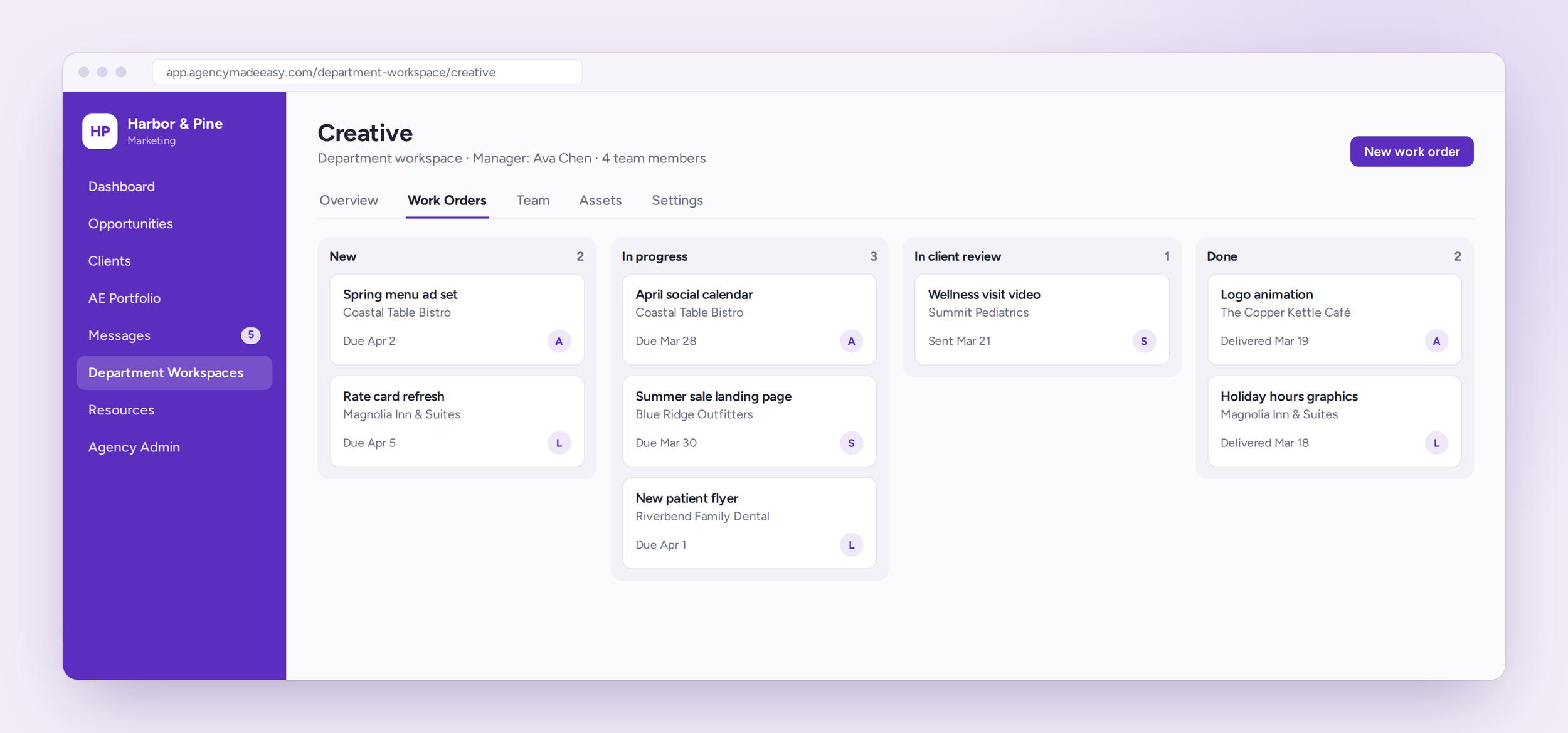 Creative department workspace with work orders organized by status