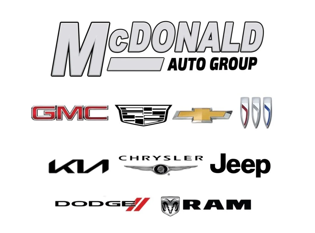 Logo of McDonald's Auto Group featuring various car brand logos including GMC, Cadillac, Chevrolet, Buick, Kia, Chrysler, Jeep, Dodge, RAM, and others.
