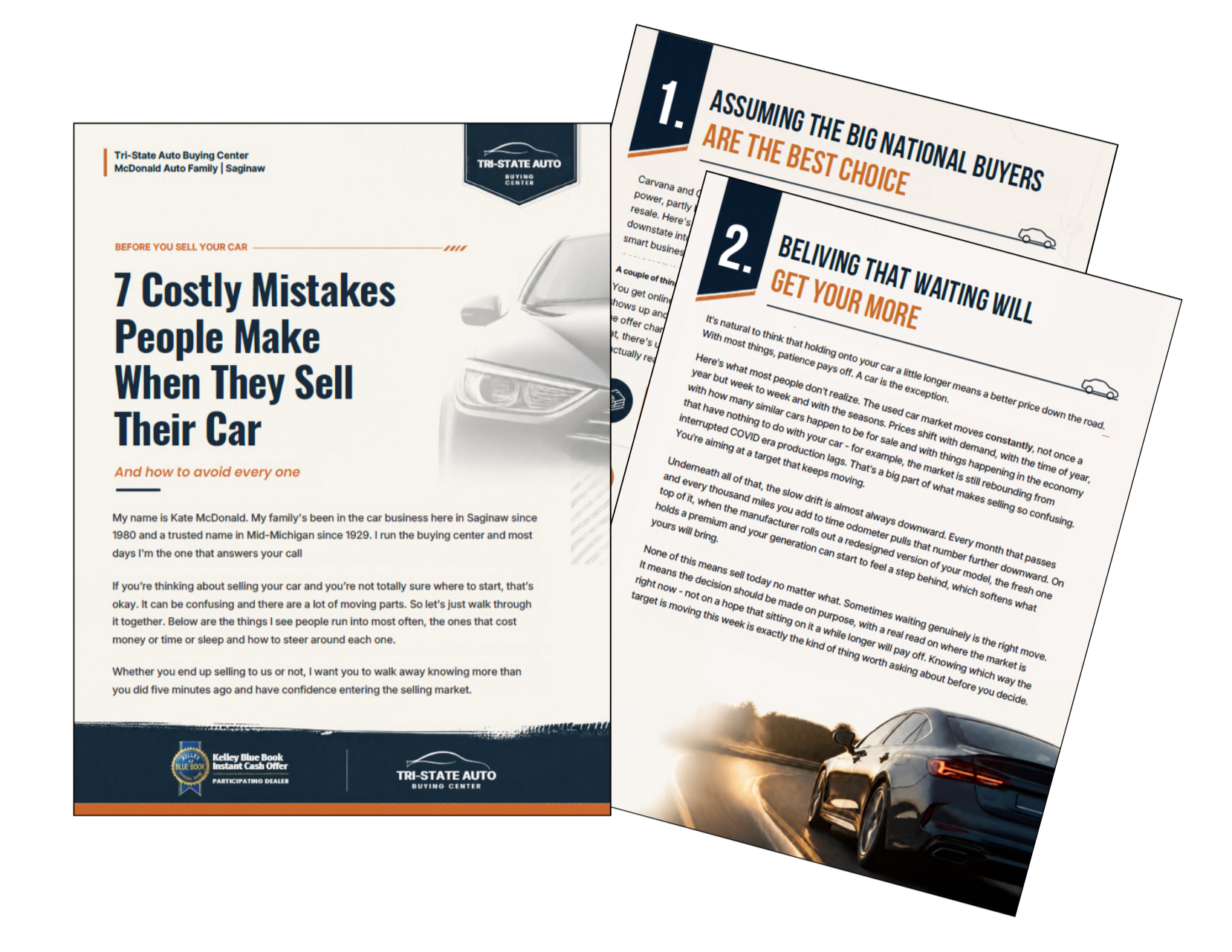 Flyer for a car dealership offering advice on selling a car, featuring a sleek black car at sunset and titled "7 Costly Mistakes People Make When They Sell Their Car" with informational text and branding for Tri-State Auto and Kelley Blue Book.