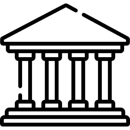 Outline of a Greek or Roman style temple with columns and a triangular pediment.