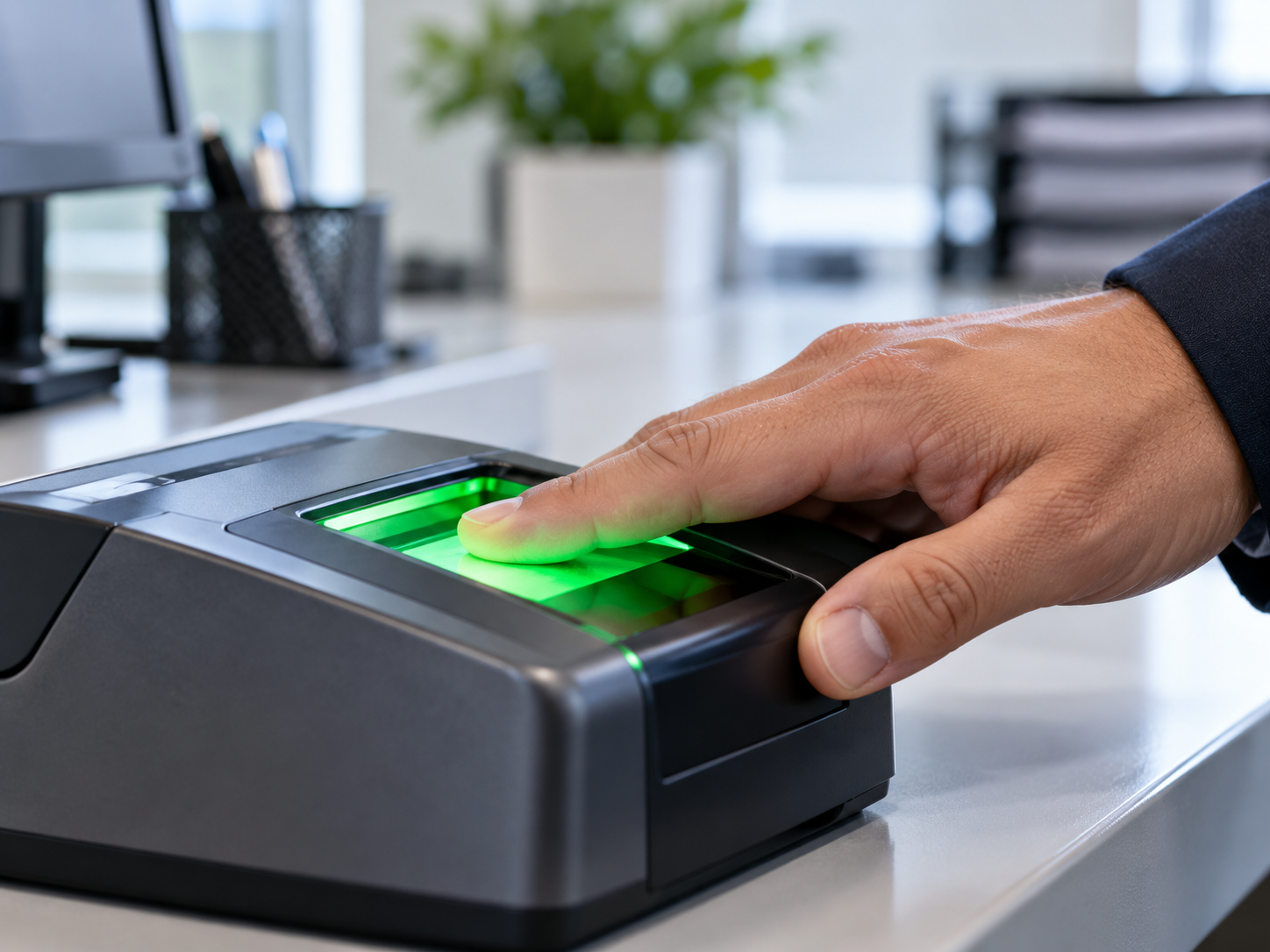 A person using a fingerprint scanner at an office desk.