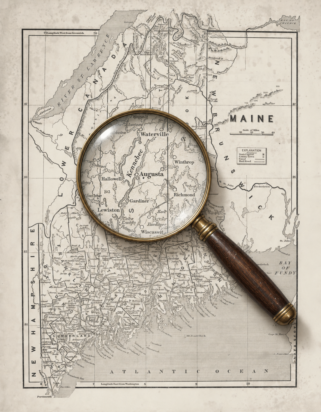 Map of Maine with a magnifying glass focusing on Augusta, Kennebunk, Gardenier, Lewiston, Hallowell, and Waterville.
