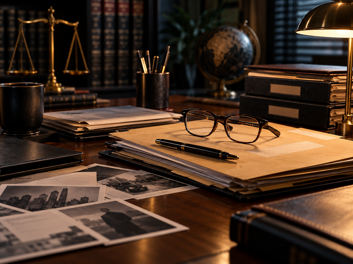 An organized office desk with a pair of glasses, a pen, and stacks of papers under warm desk lighting, with bookshelves, a globe, pictures, and office supplies in the background.