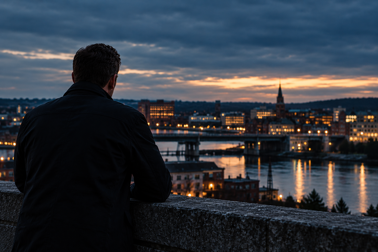 A man in a black jacket leans on a stone railing, overlooking a cityscape with illuminated buildings and a river at dusk, with dark clouds in the sky.
