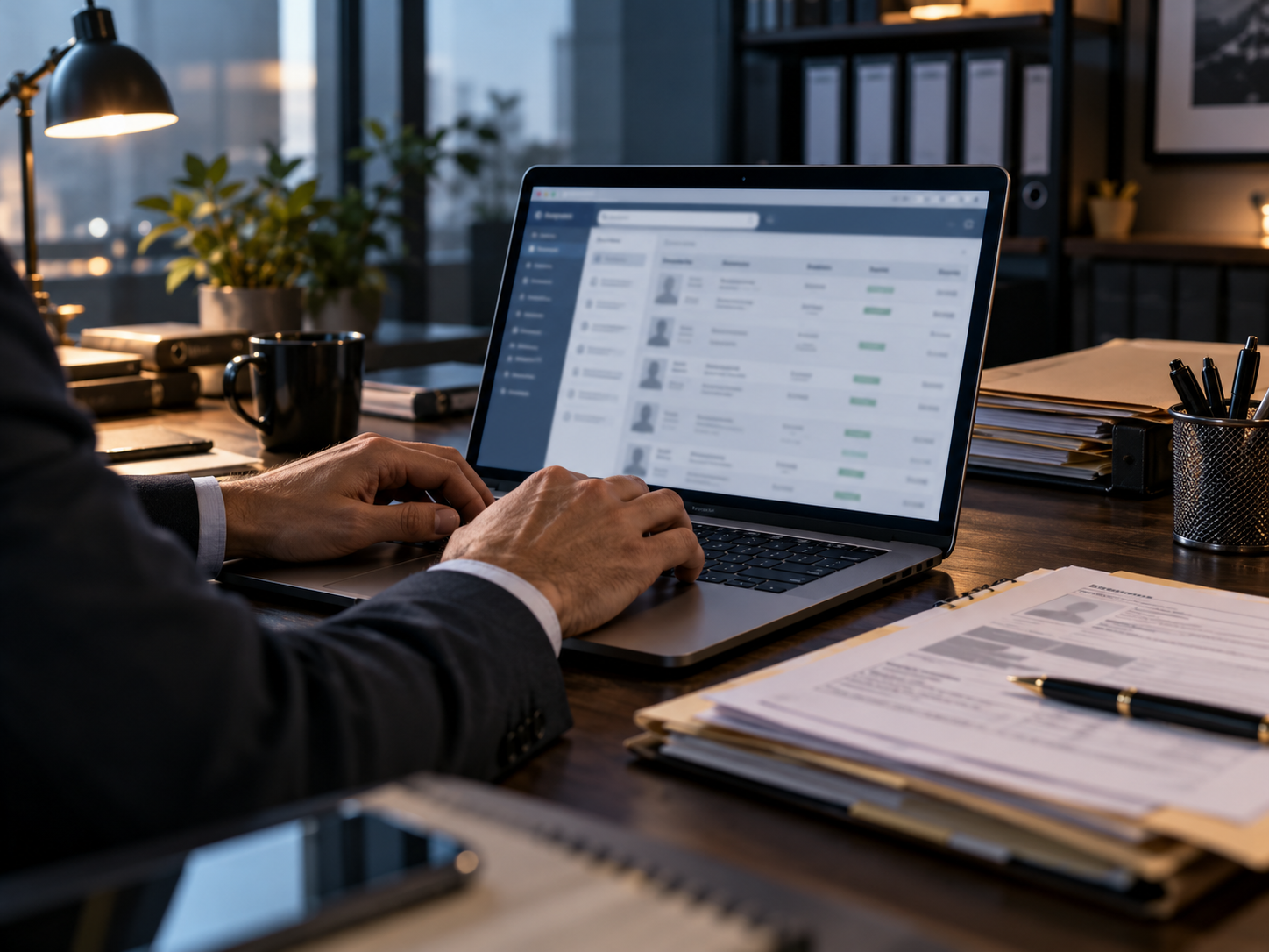 Person in a business suit working on a laptop in an office with papers, pens, and office supplies on the desk.