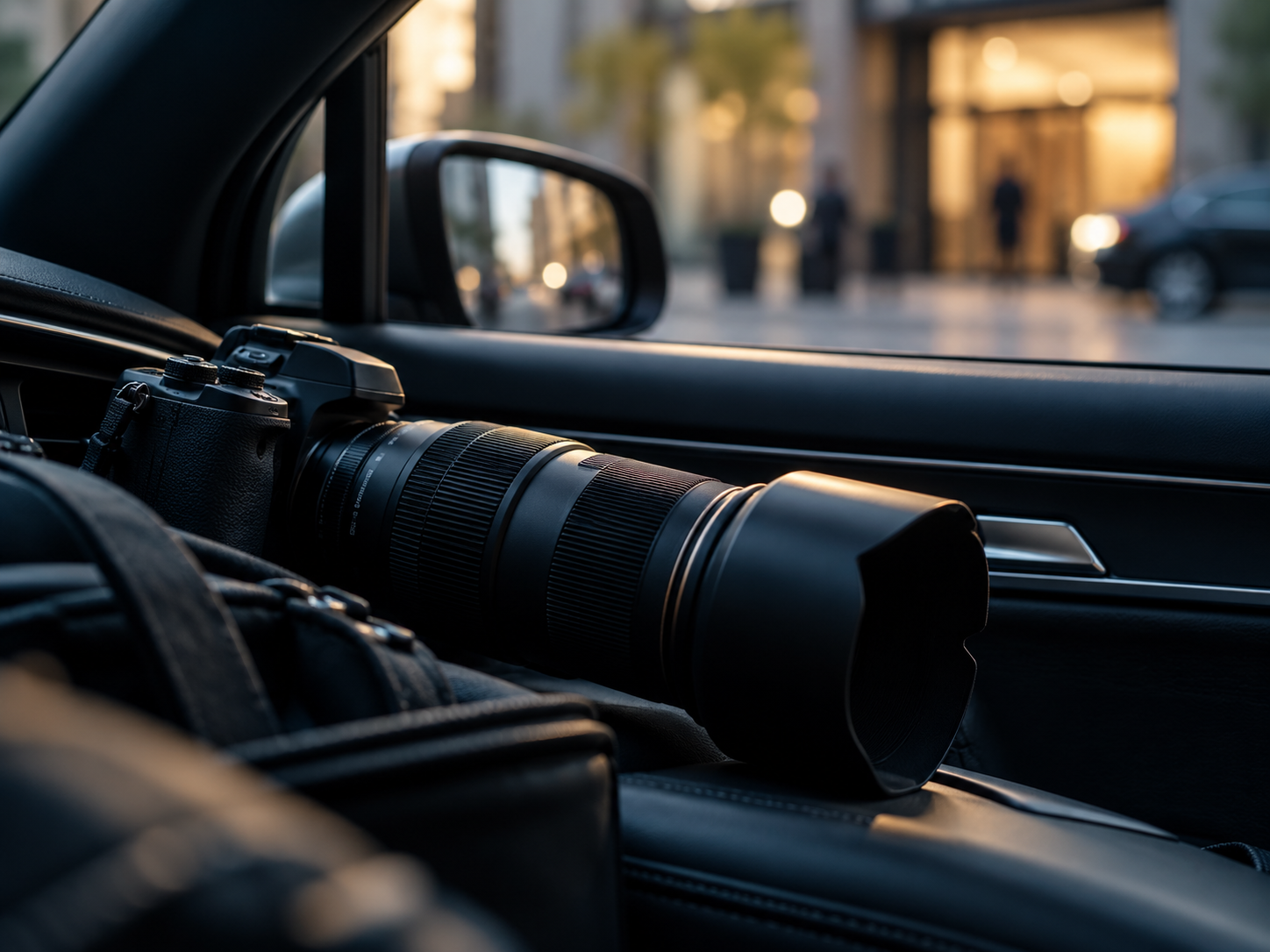 A camera with a telephoto lens resting inside a car, viewed from the passenger side window during sunset, with blurry city buildings and people outside.