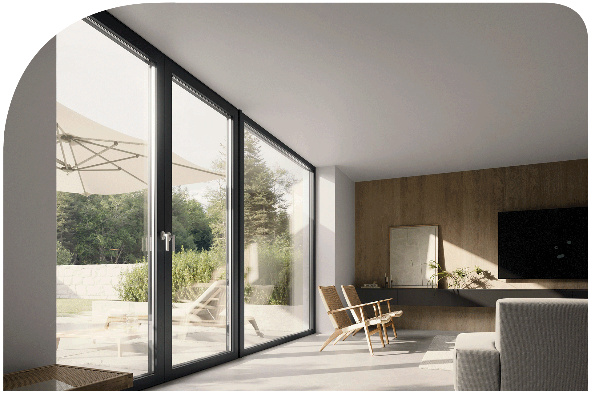 Modern living room with large glass sliding doors leading to a patio with outdoor furniture and a patio umbrella. Inside, there are wooden chairs and a wall-mounted TV. The room features a minimalist design with a wooden accent wall and some plants.