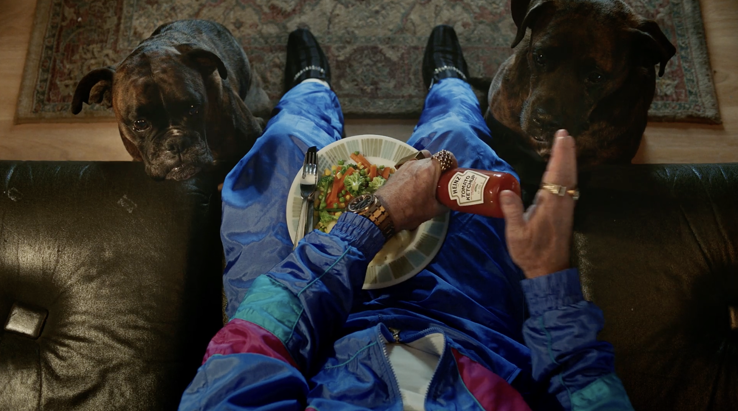From the viewer's perspective, a person wearing a colorful jacket and blue pants is sitting on a black couch, holding a bowl of salad with carrots, broccoli, and peas. They are giving a dog ketchup from a Heinz bottle. Two large dogs sit on either side of the person, looking up at the camera.