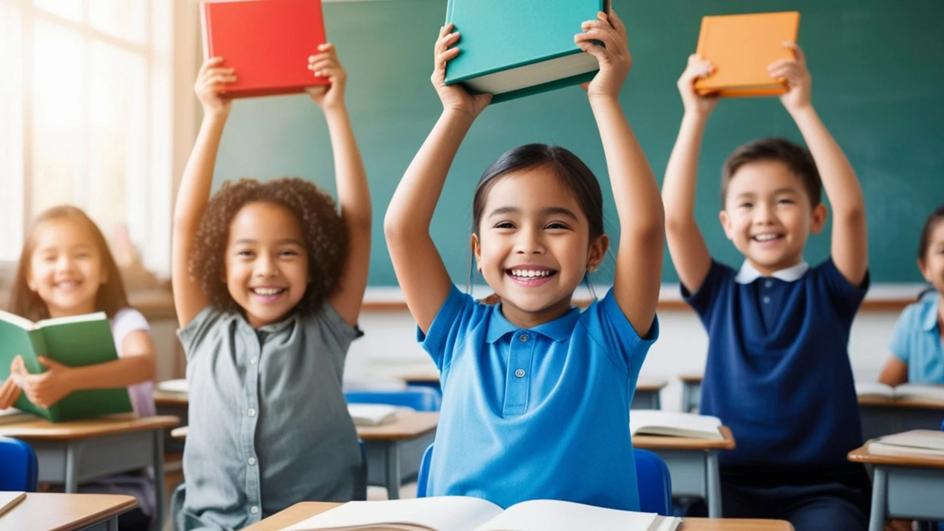 Smiling elementary school students raising colorful books in a classroom