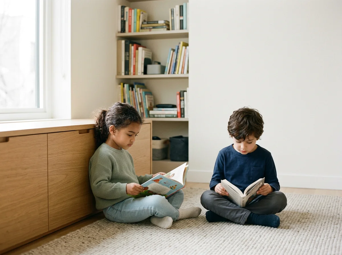 Two children sitting on a carpeted floor reading books at home