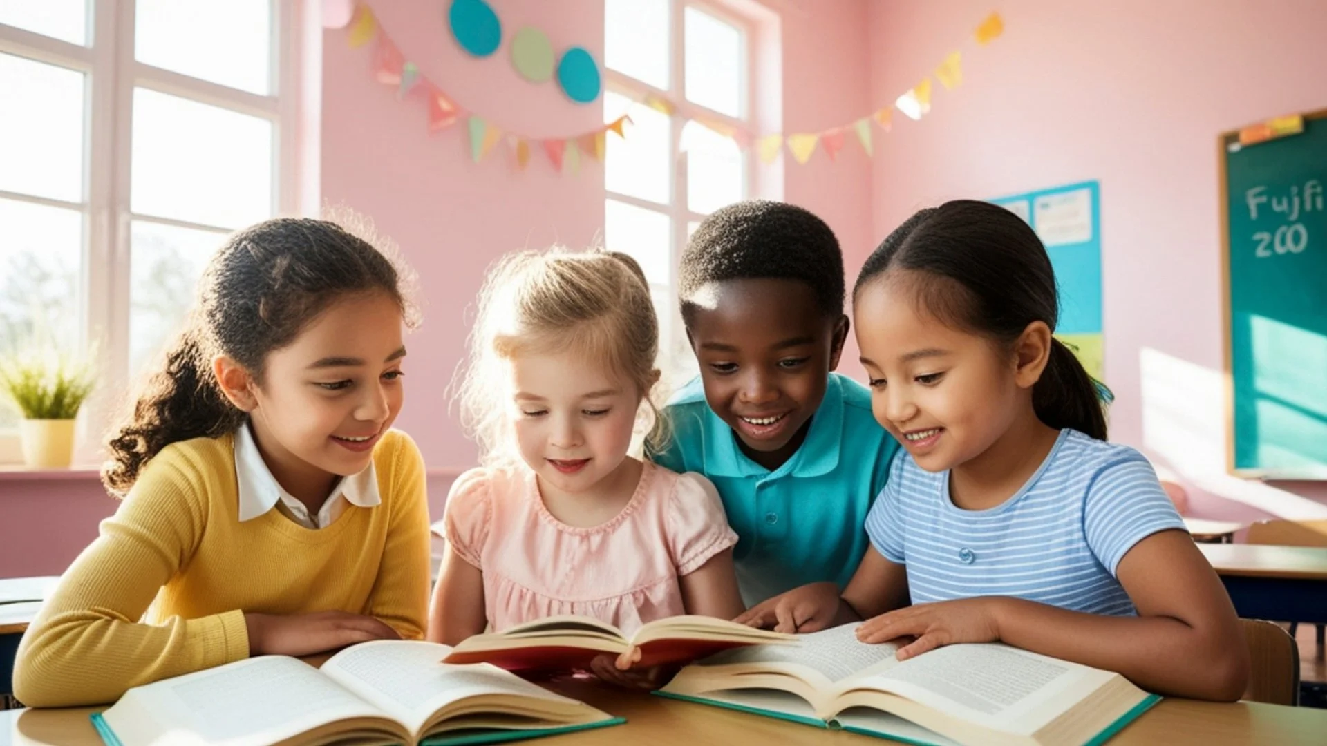 Four diverse elementary school children reading books together in a colorful classroom