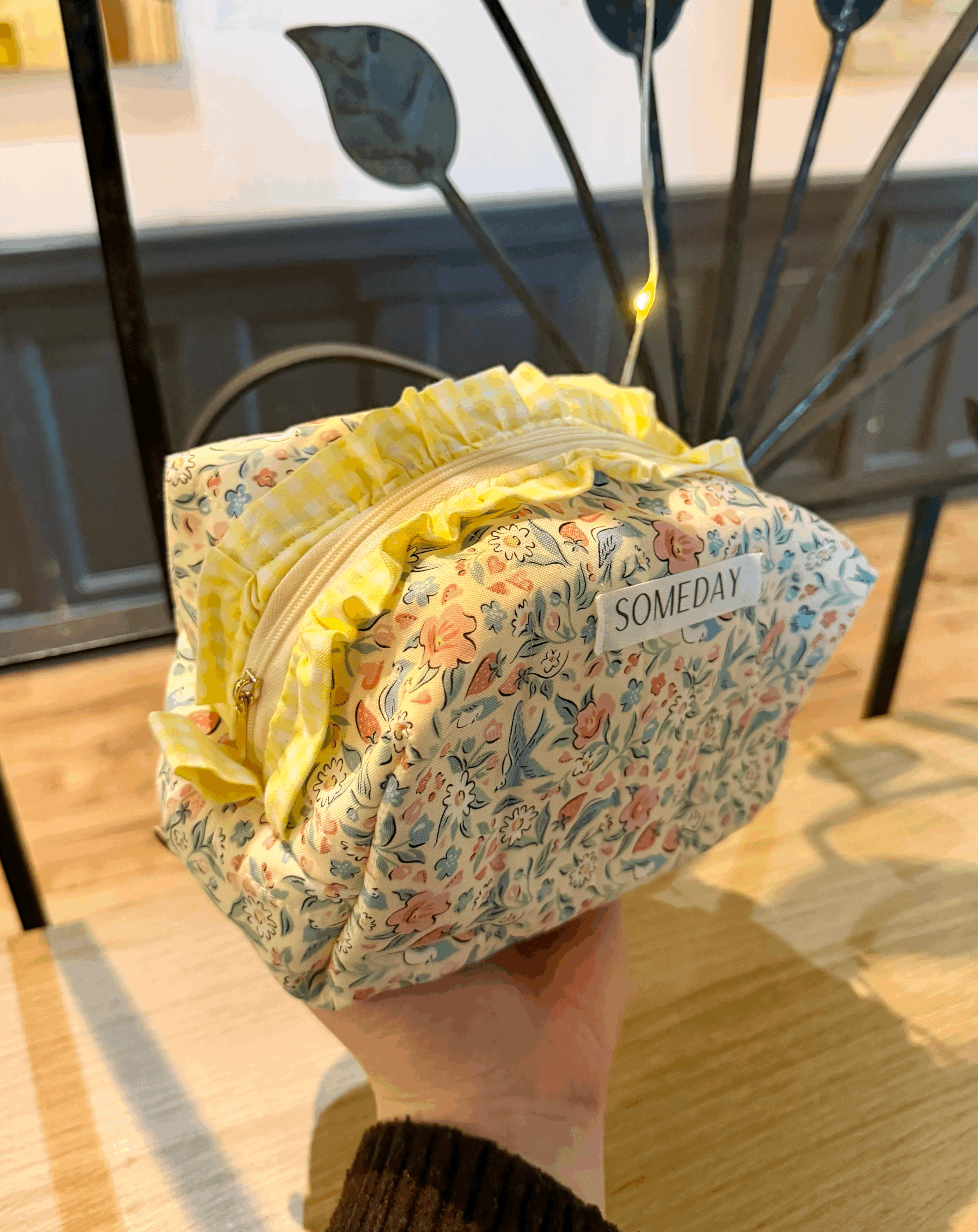 Cream Berry Fields Ruffle Makeup Bag