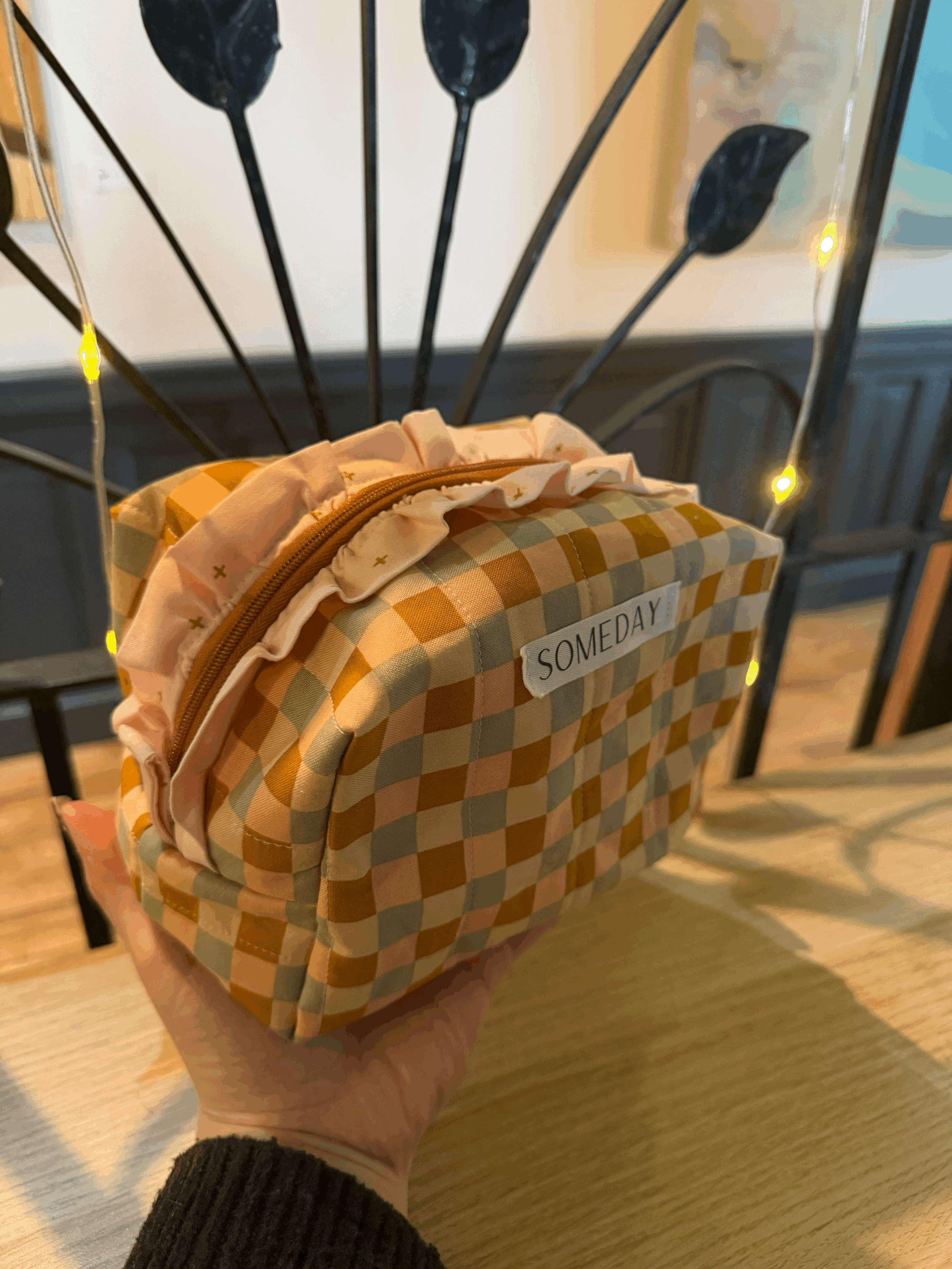 Brown Checkered Ruffle Makeup Bag