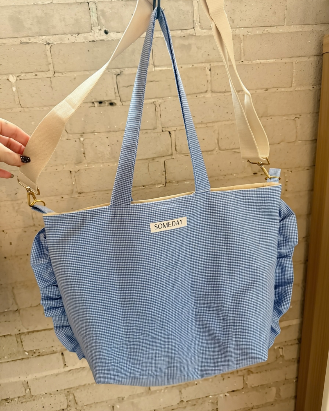 Blue Gingham Weekender Tote Bag with Removable Strap