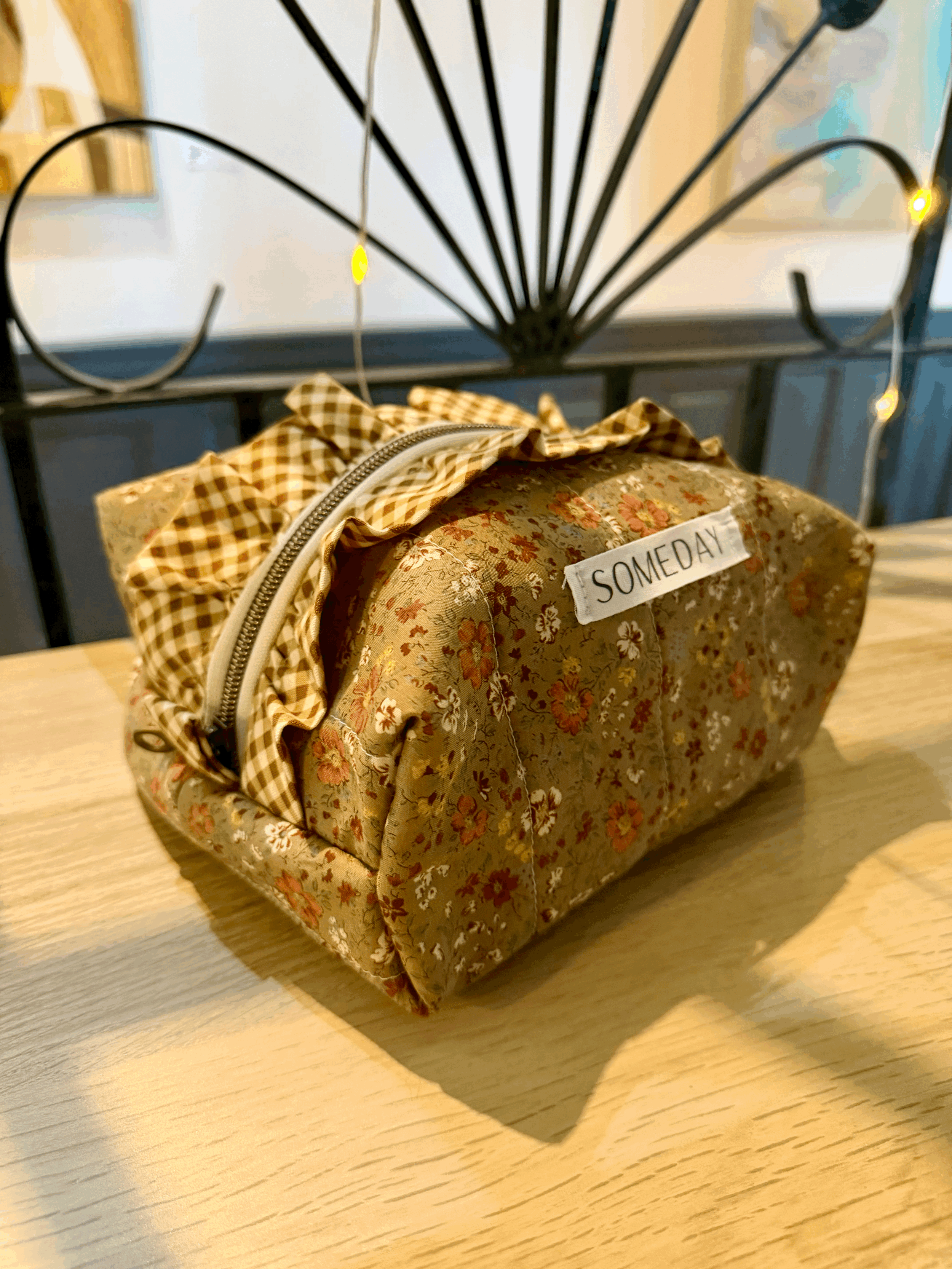 Brown Flower Ruffle Makeup Bag