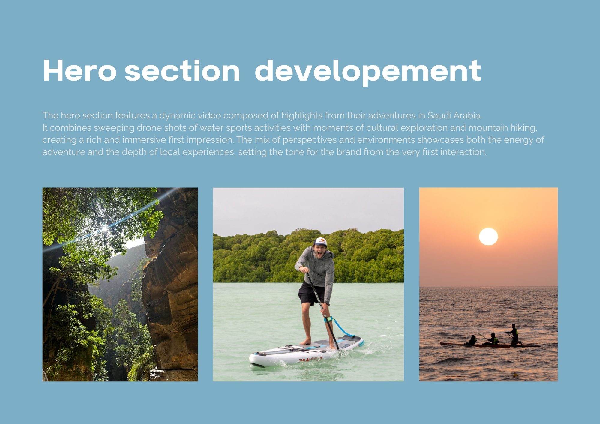 Various outdoor adventure scenes including a canyon, a man paddleboarding on a river, and people kayaking at sunset.
