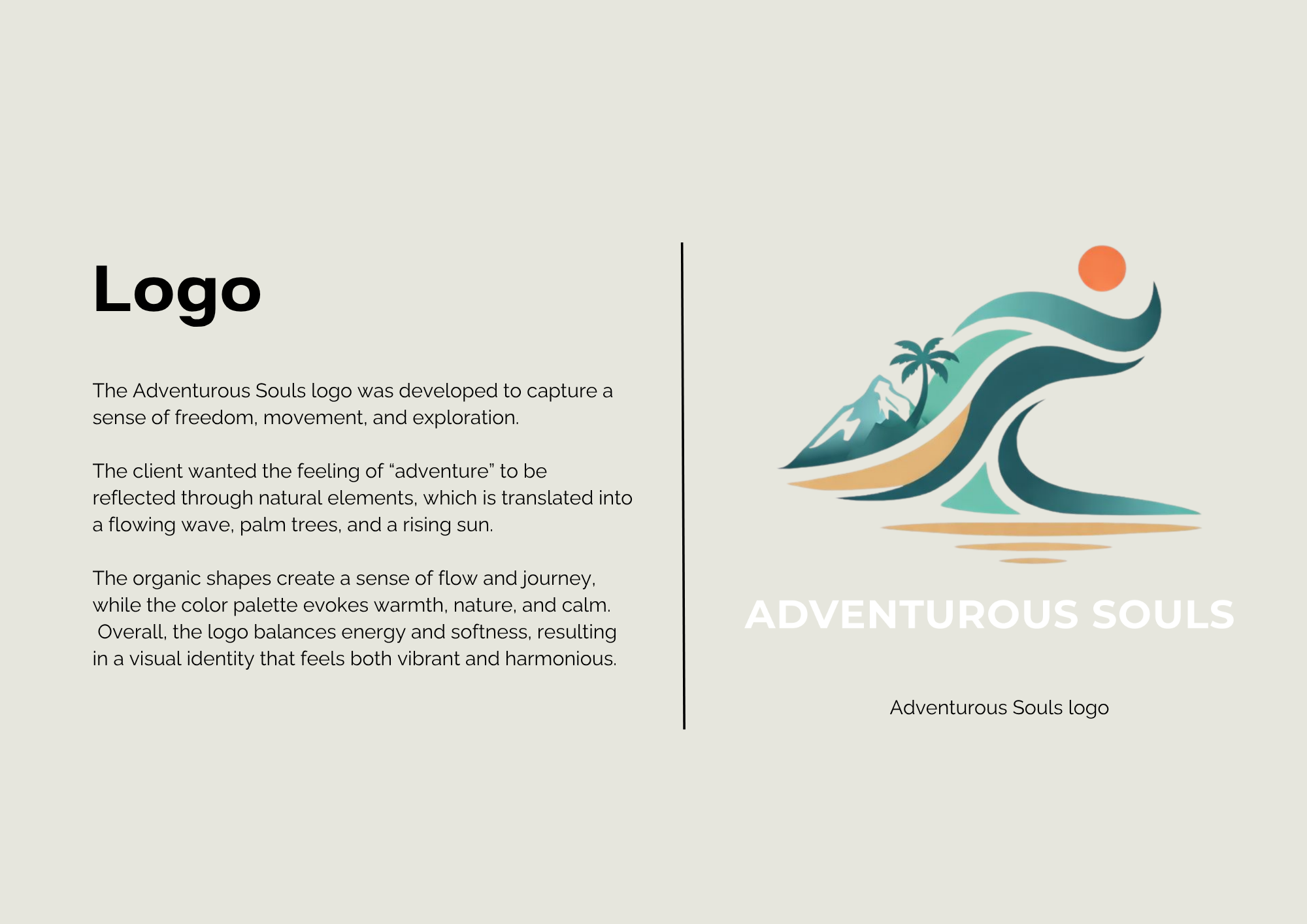 Logo for Adventurous Souls featuring a stylized illustration of mountains, palm trees, waves, and a rising sun, with a description of the logo's design principles.