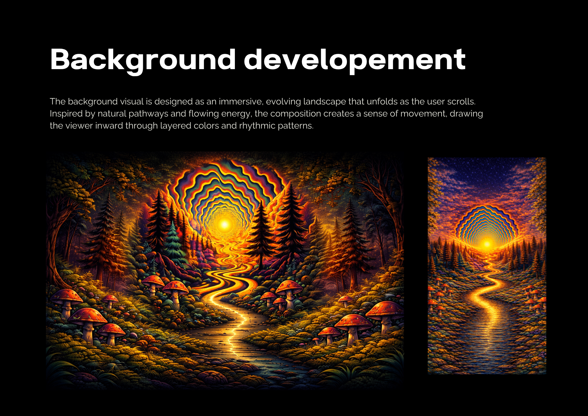 A surreal landscape with a glowing yellow sun in the horizon, a winding river, tall pine trees, and vibrant, psychedelic colors and patterns in the sky and ground.