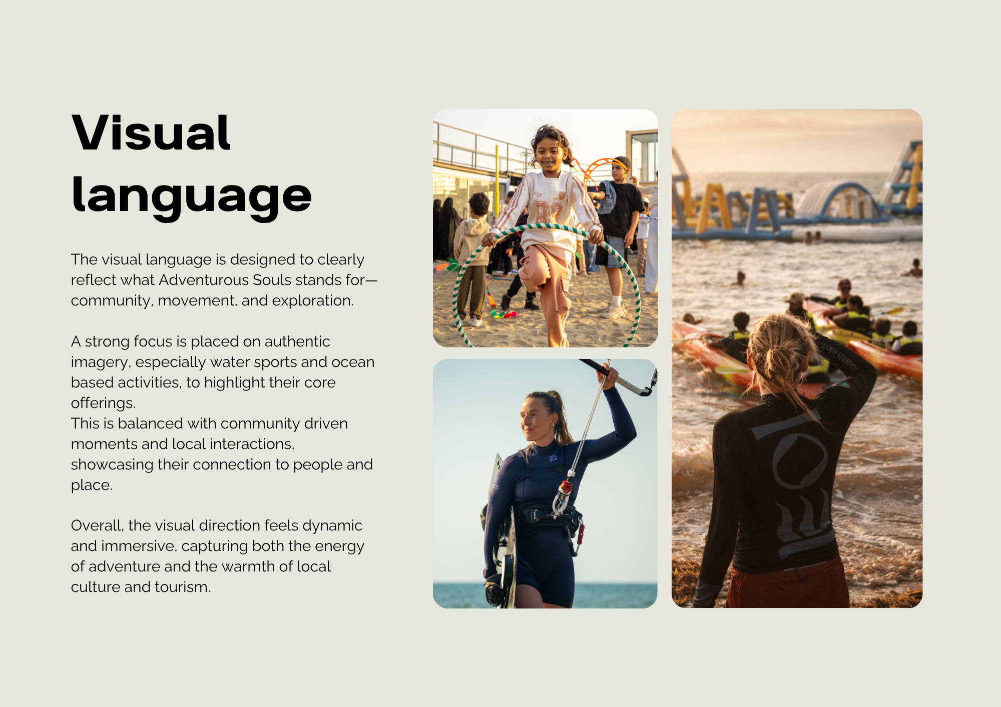 A collage of outdoor activity scenes including children playing with hula hoops on a playground, people kayaking on a lake at sunset, a person sailing on a boat, and a woman with a surfboard at the beach, emphasizing community, adventure, and exploration.