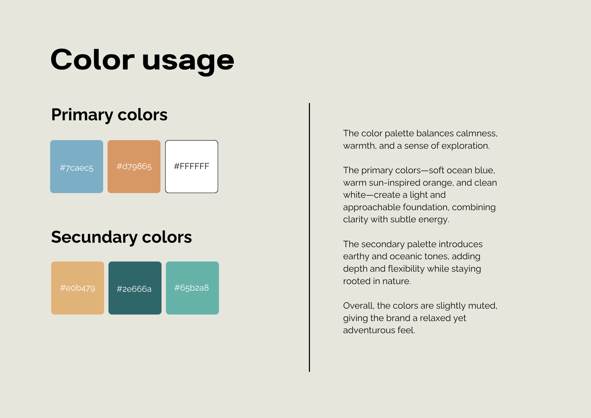 An infographic displaying color usage with primary and secondary colors, including hex codes and descriptions of how these colors evoke calmness, warmth, exploration, Earth's natural tones, and balance.