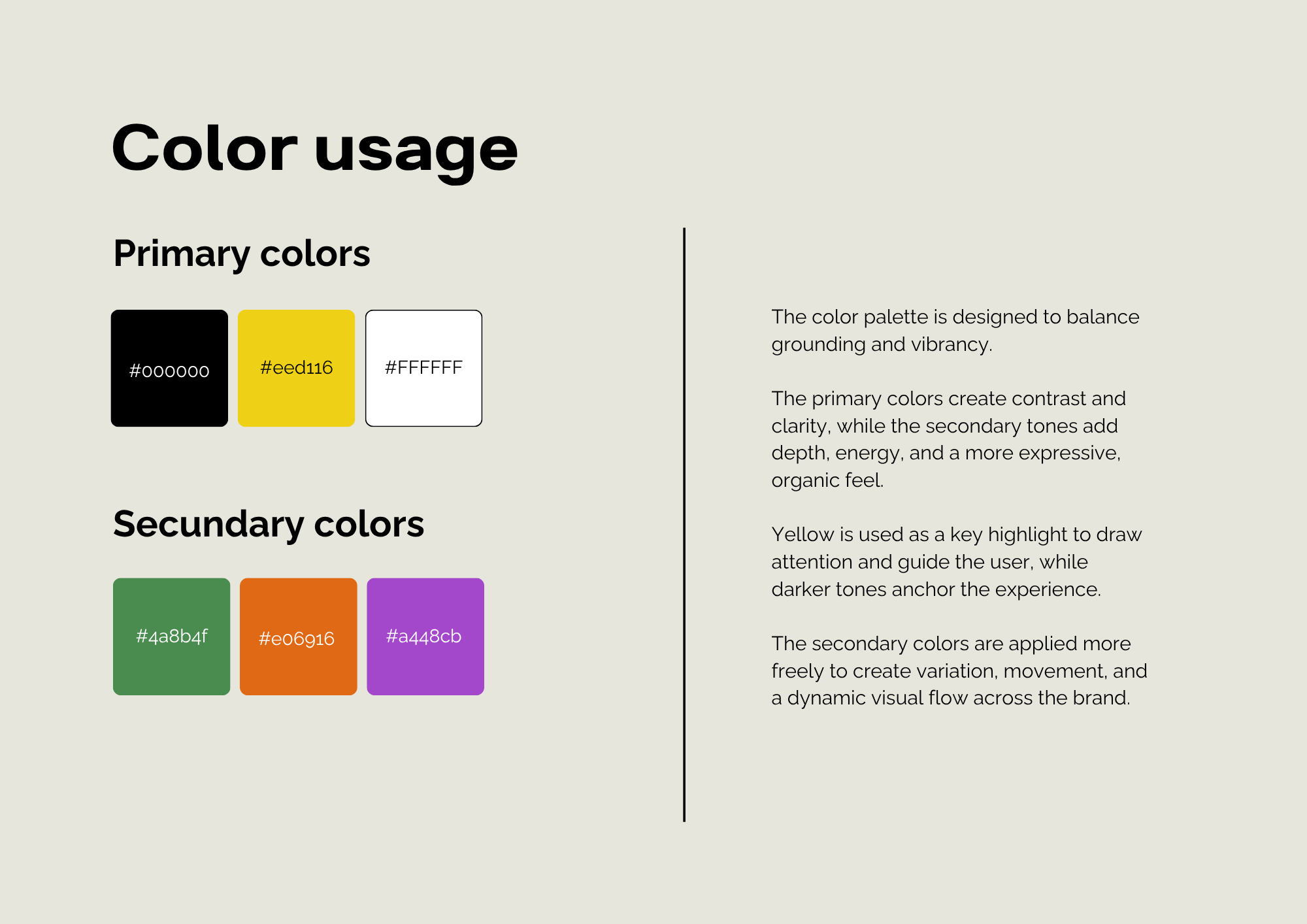 A section of a color palette guide showing primary and secondary colors with their hex codes. The primary colors are black (#000000), yellow (#eed116), and white (#FFFFFF). The secondary colors are green (#4a8b4f), orange (#e0e916), and purple (#a448cb). There is descriptive text explaining the color usage and contrast principles.