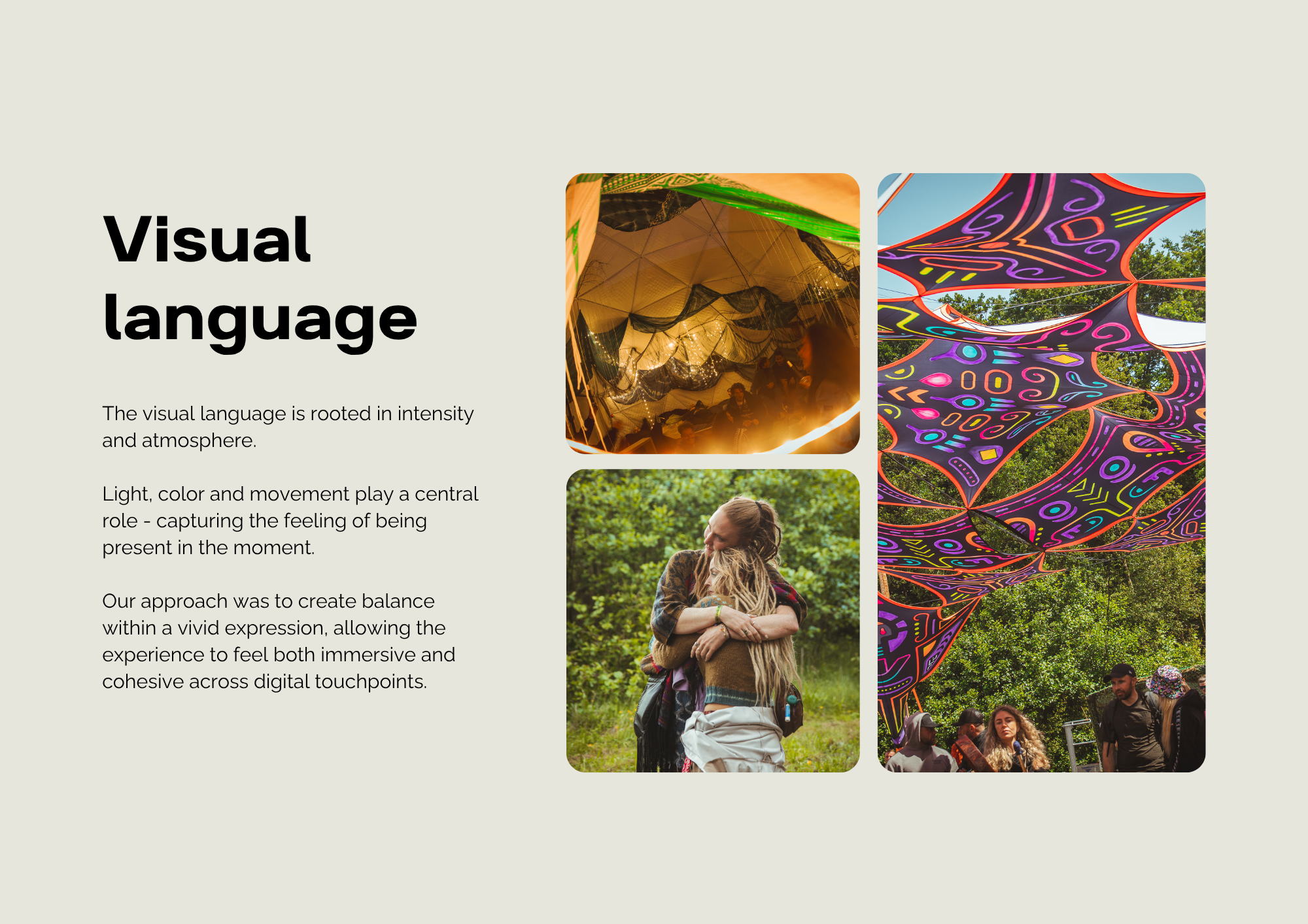 A collage of two colorful outdoor images with a text overlay. The left image shows an art installation with a reflective, geometric surface and strings of lights inside, illuminated in warm tones. The right image features a vibrant, patterned fabric canopy stretched over trees against a clear sky, with people gathered underneath in a park setting.