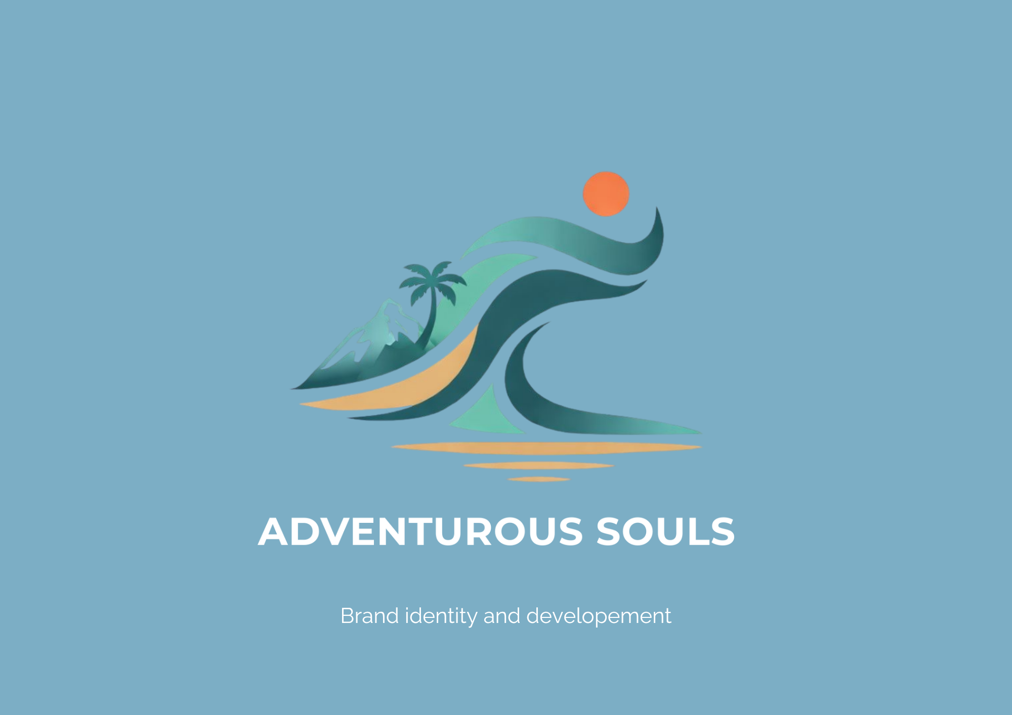A logo depicting a stylized wave, a palm tree, and a sun with the title 'Adventurous Souls' and the subtitle 'Brand identity and development' on a light blue background.