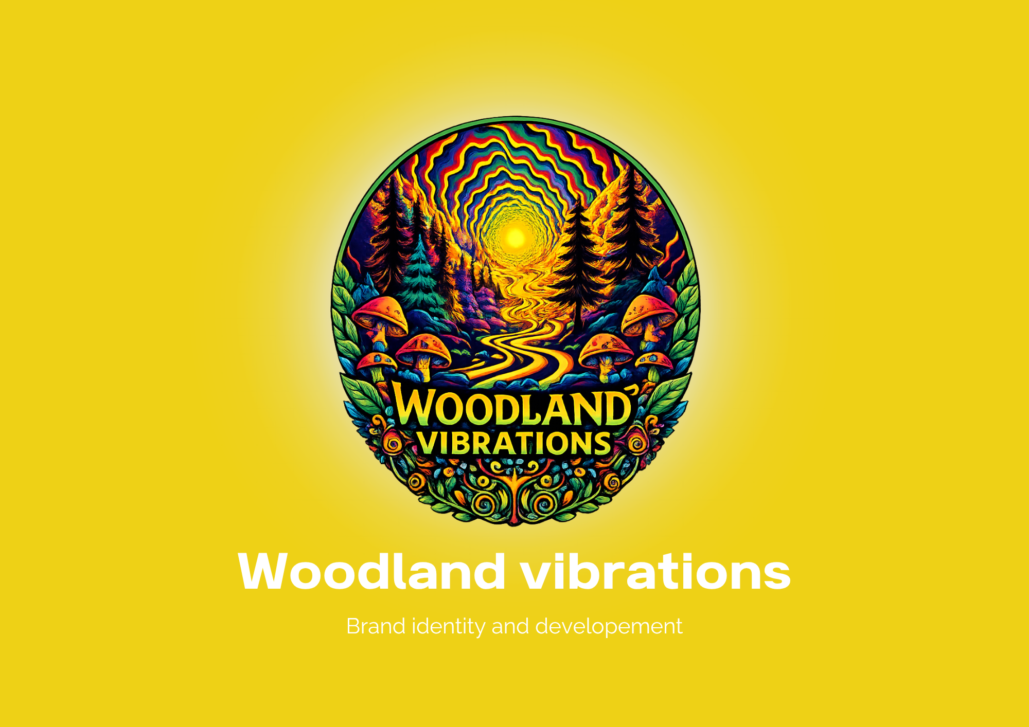 Bright yellow background with a colorful psychedelic logo featuring a forest and a river, and the text "Woodland Vibrations" and "Brand identity and development".