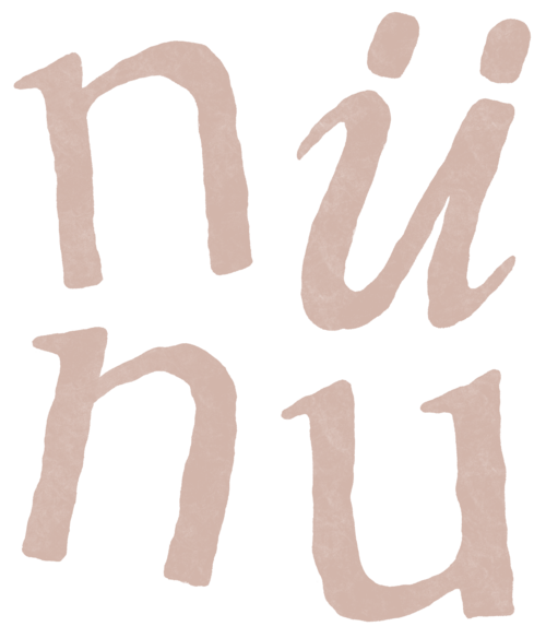 Stylized handwritten text spelling 'nünu' in beige against a black background.