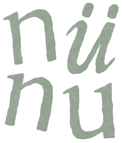 Stylized handwritten text spelling 'nünu' in a light gray-green color on a black background.