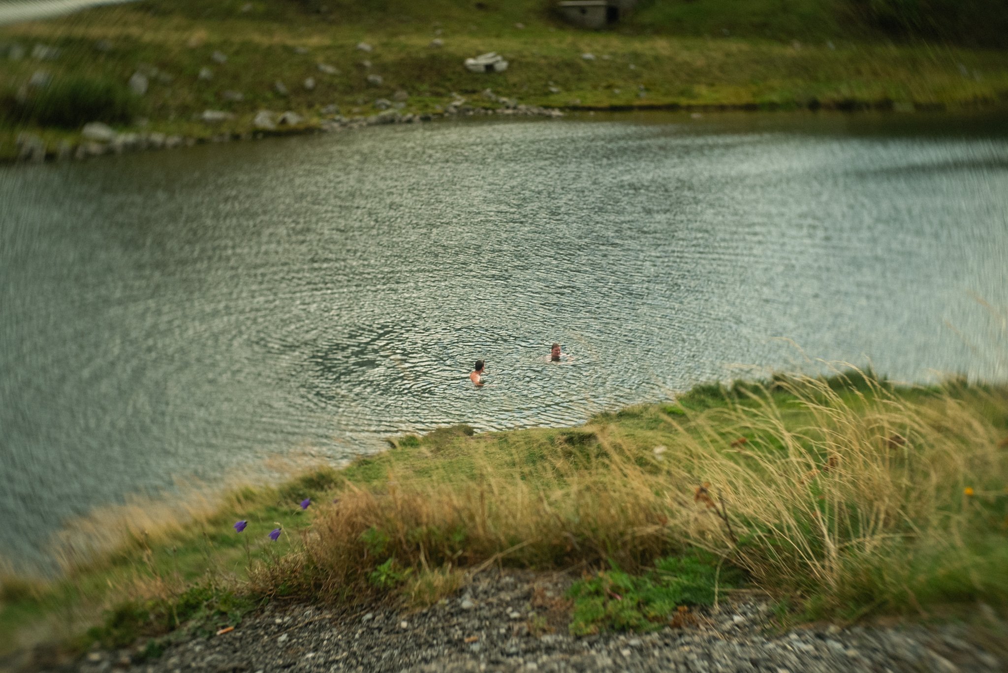A lake with two people swimming, surrounded by grassy land and hills in the background.
