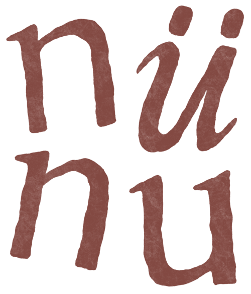 Stylized brown handwritten text spelling 'nünu' on a black background.