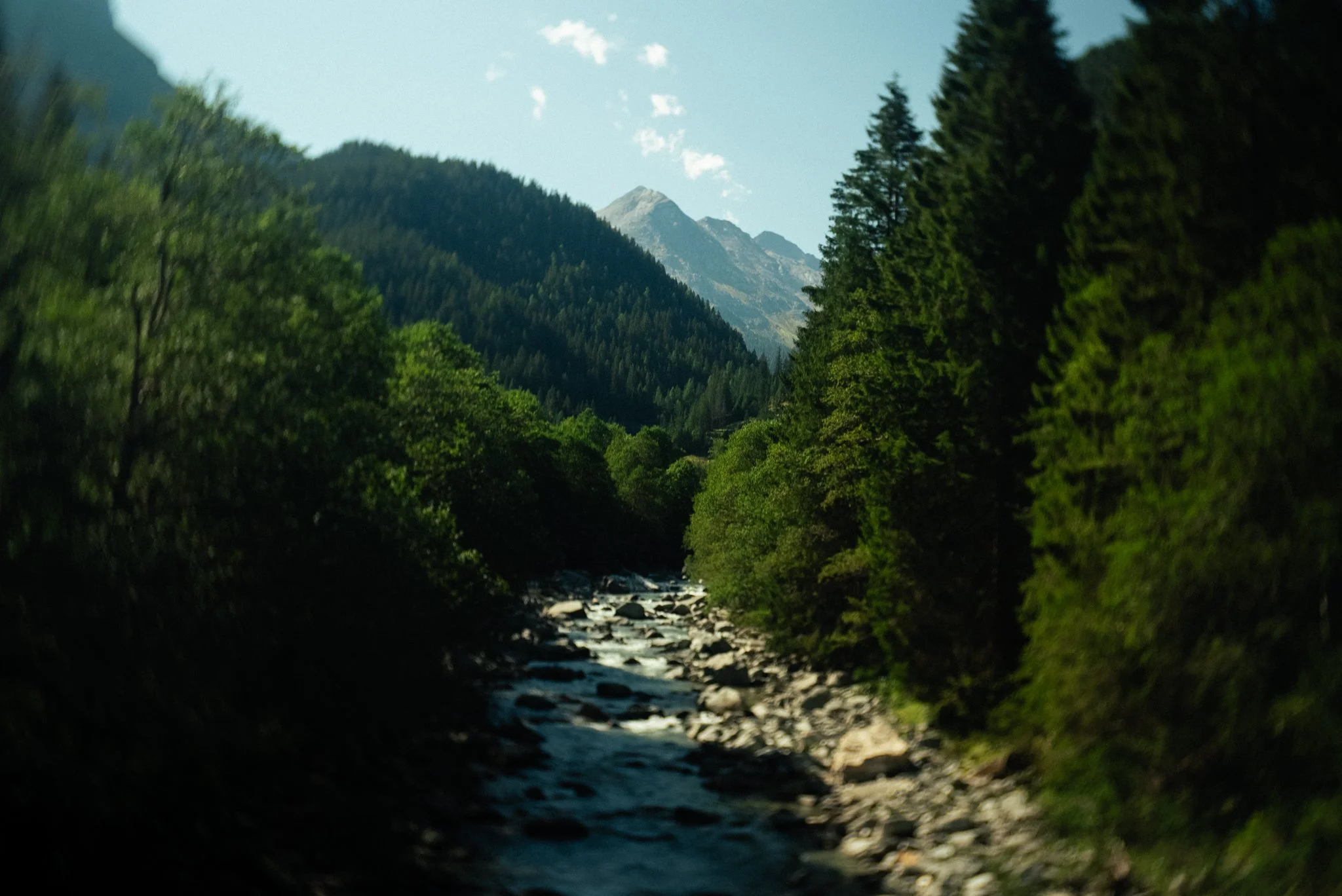 A view through a natural tunnel of green trees showing a mountain with a rocky peak in the distance, with a river flowing over rocks at the foreground.