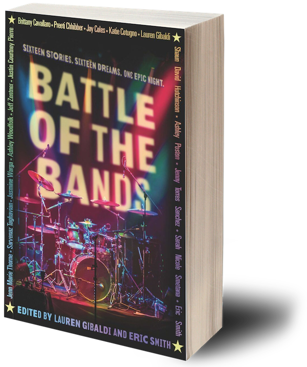 A book titled 'Battle of the Band' with a cover image of a colorful stage with drums and microphone stands, edited by Lauren Gibaldi and Eric Smith.