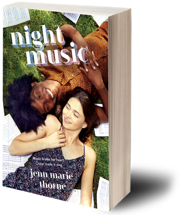 Book cover for 'Night Music' by Jenn Marie Thorne, featuring a young intercultural couple lying on grass surrounded by sheets of music, one smiling with curly black hair, and the other with straight brown hair.