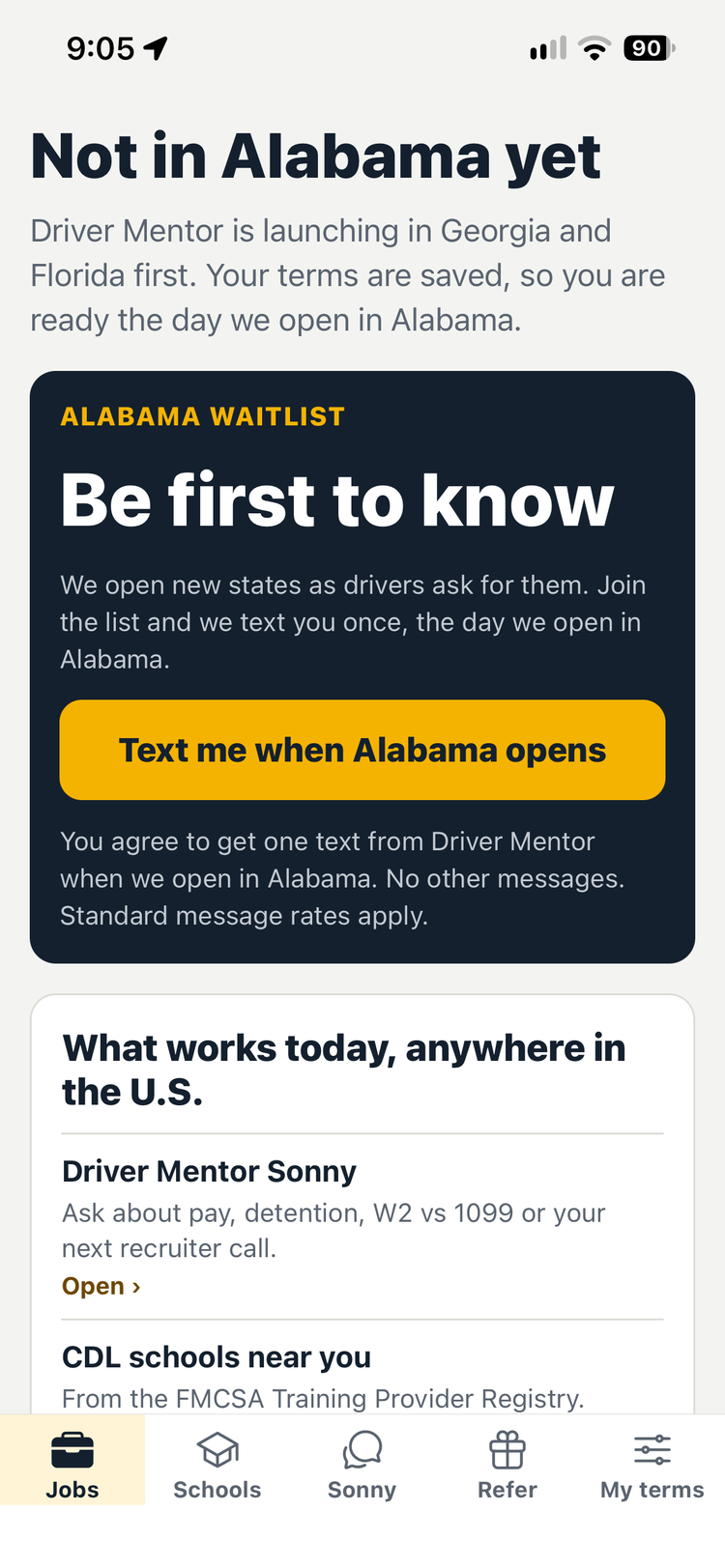 Driver Mentor app screen titled Not in Alabama yet, with an Alabama waitlist card, a Text me when Alabama opens button, and the consent wording under the button.