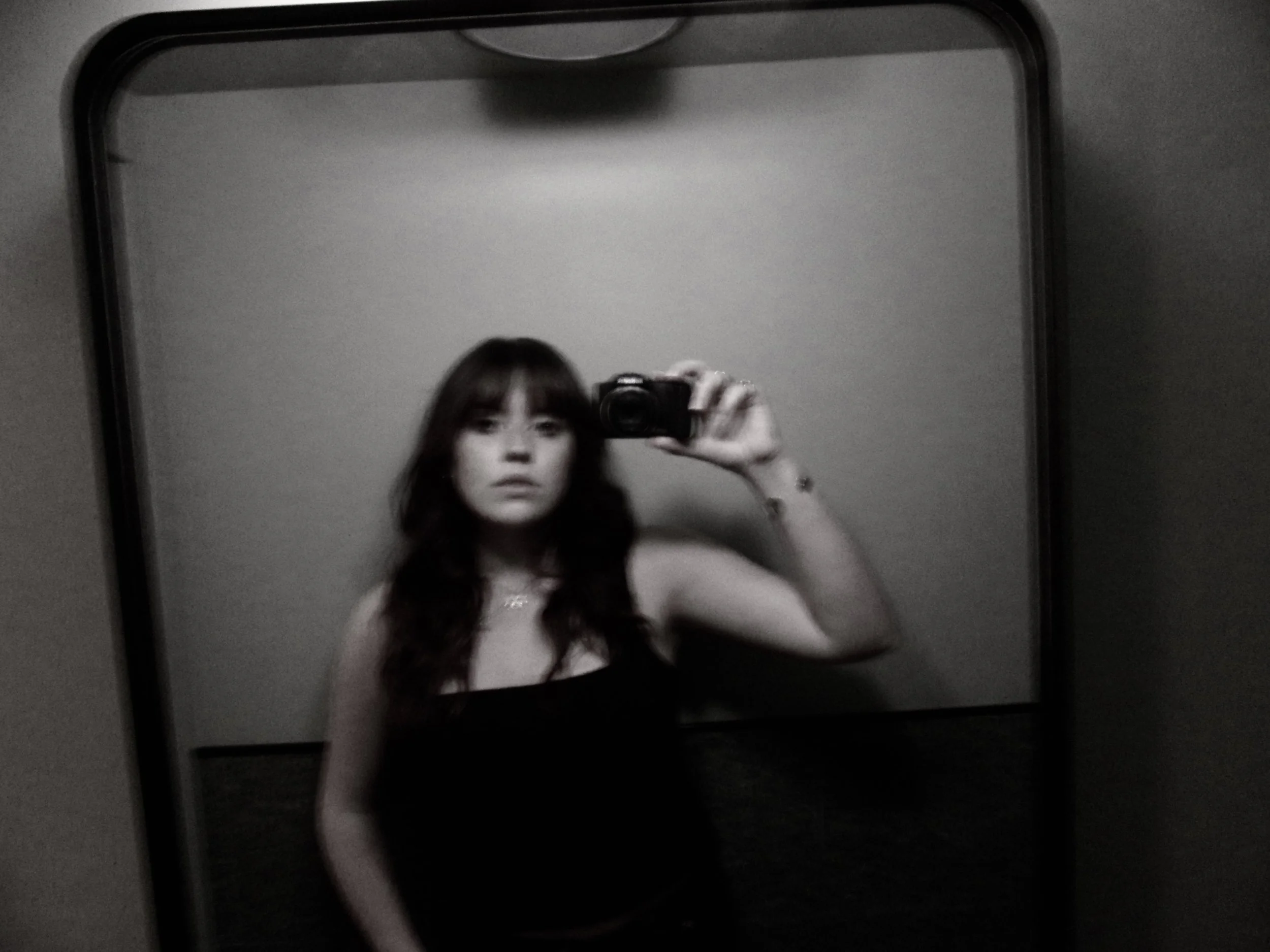 A woman with long dark hair taking a mirror selfie with a camera in a dimly lit room.