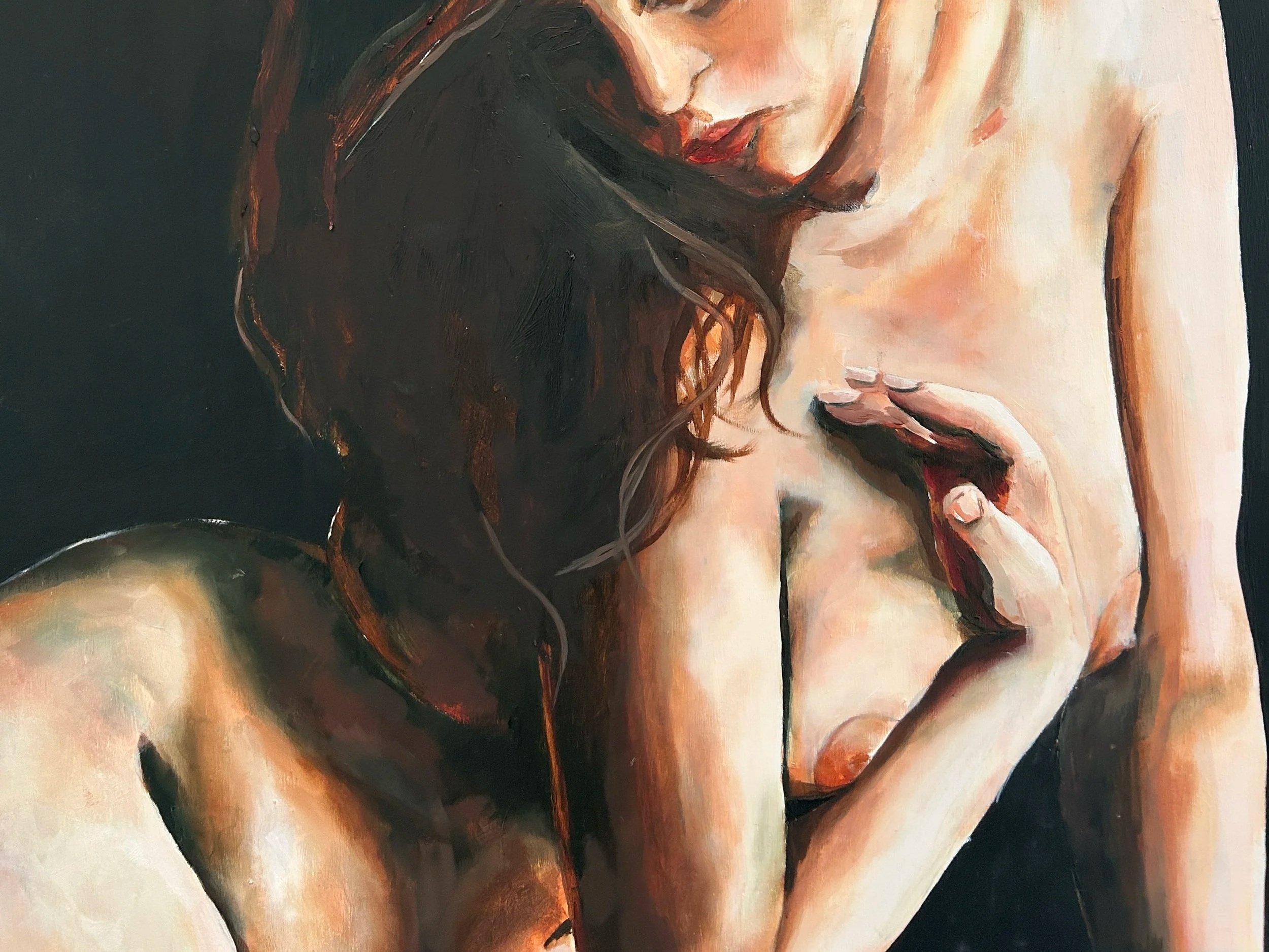 An oil painting of a woman with dark hair, closed eyes, and lips slightly parted, with her hand near her mouth, painted in warm tones with visible brushstrokes.