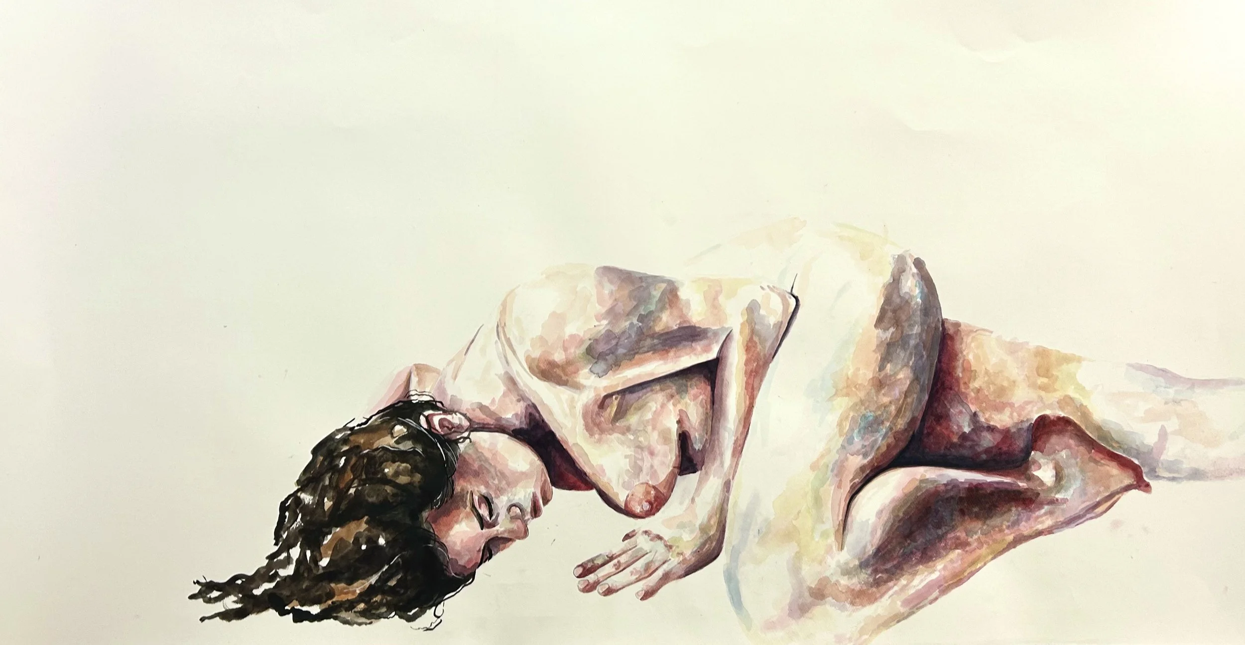 A watercolor painting of a woman with long dark hair lying on a white surface, her eyes closed, with arms crossed and head tilted to the side.