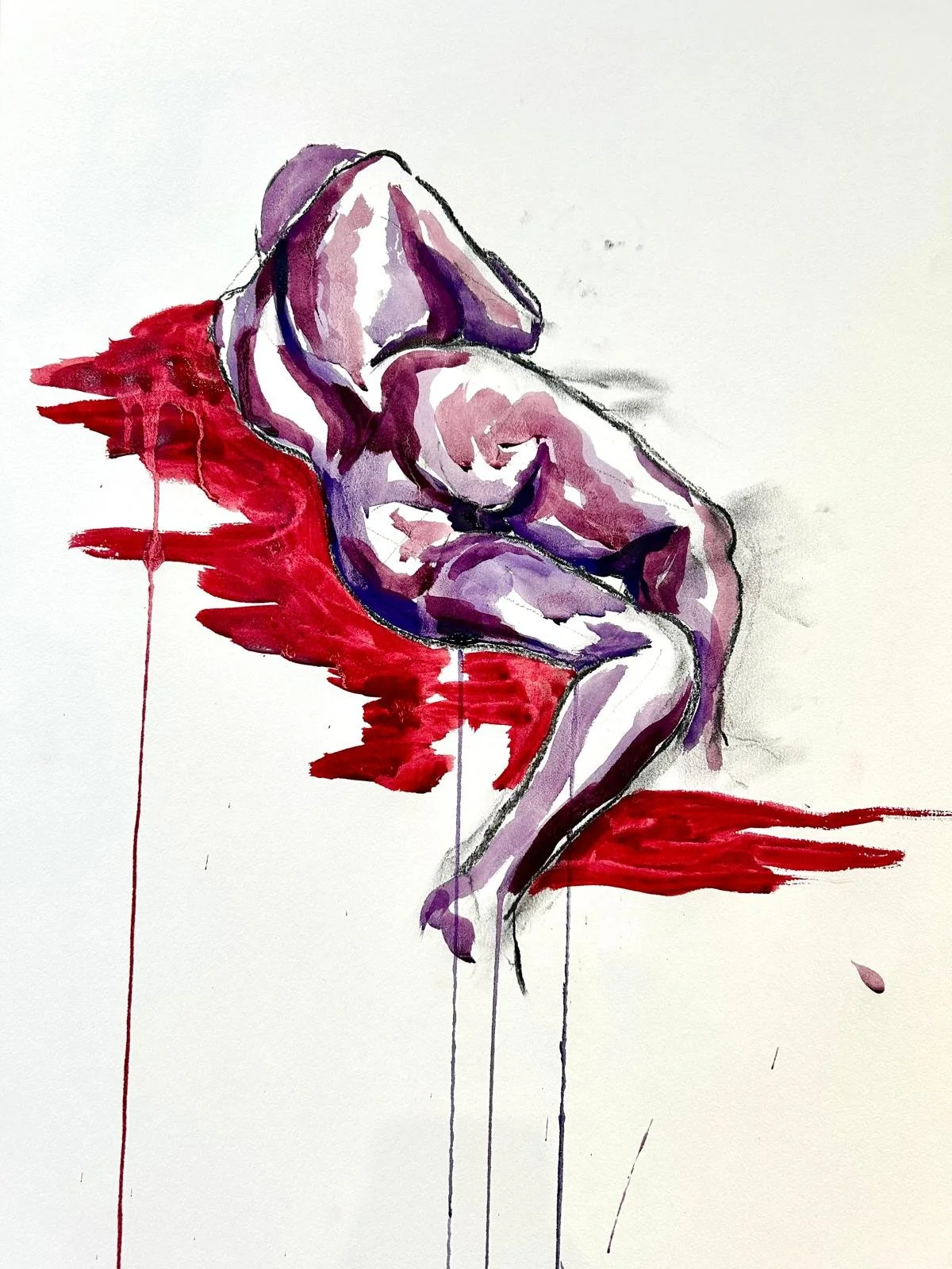 Watercolor painting of a seated woman with her head resting on her knees, rendered in purple and pink hues, with a red background splatter.