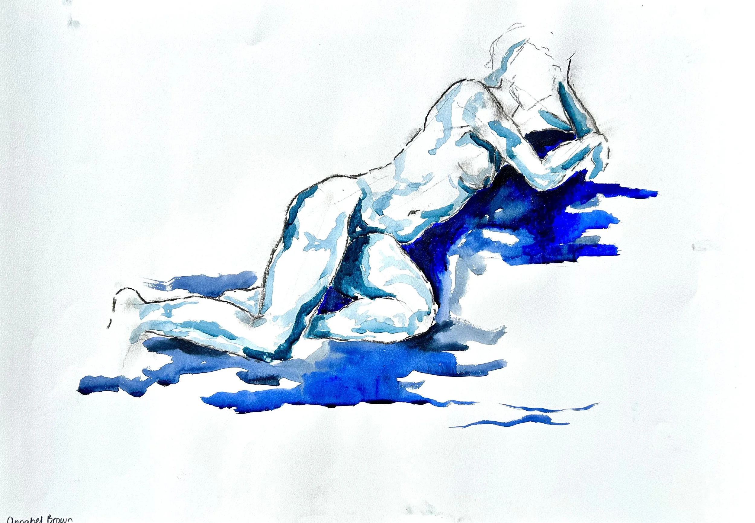 A watercolor painting of a woman in a white coat sitting on the floor with her knees bent and face resting in her hand, with a blue shadow beneath her.