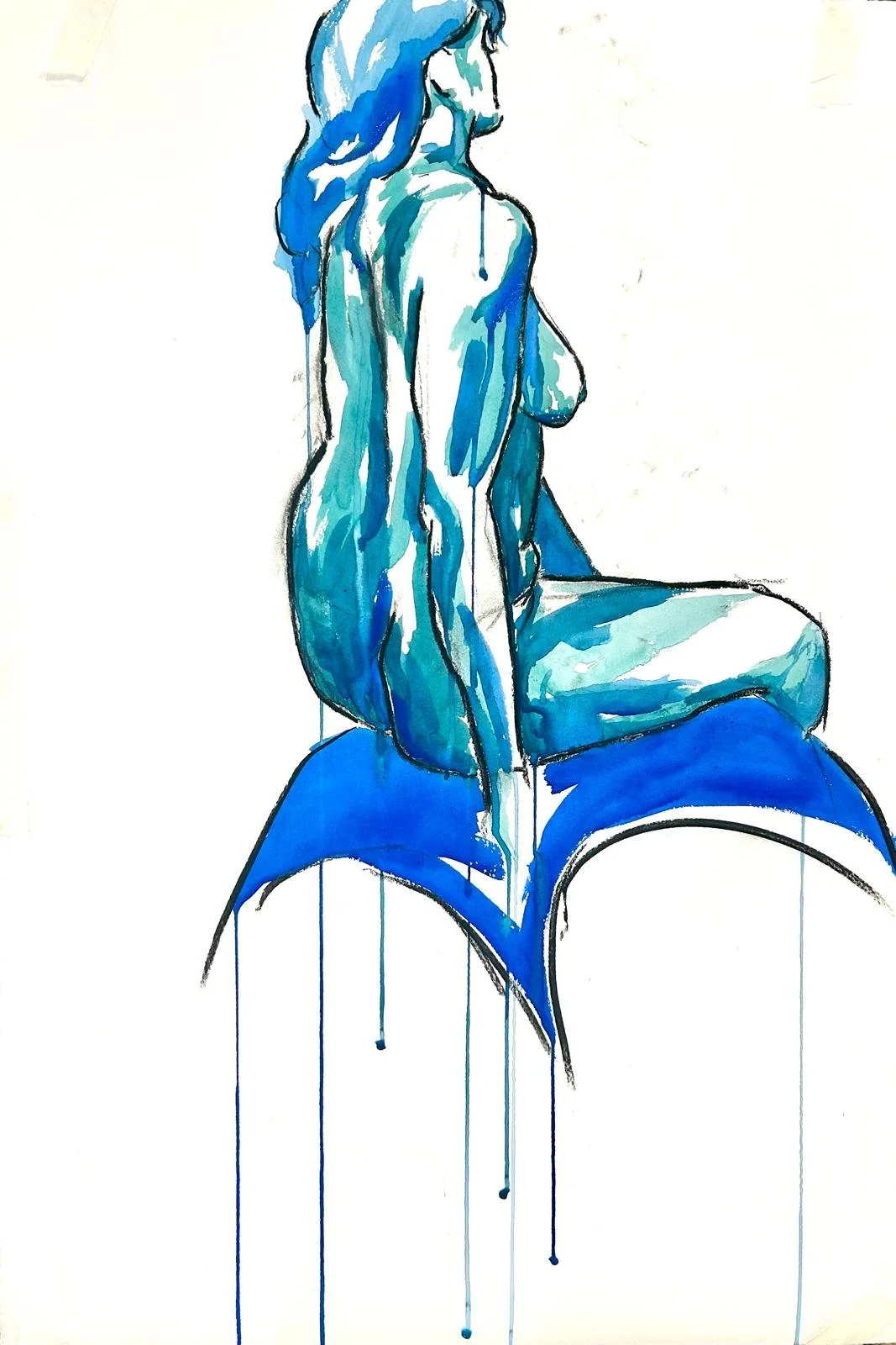 A watercolor painting of a kneeling woman viewed from the side, with her arms at her sides, rendered in blue tones with dripping paint effects.