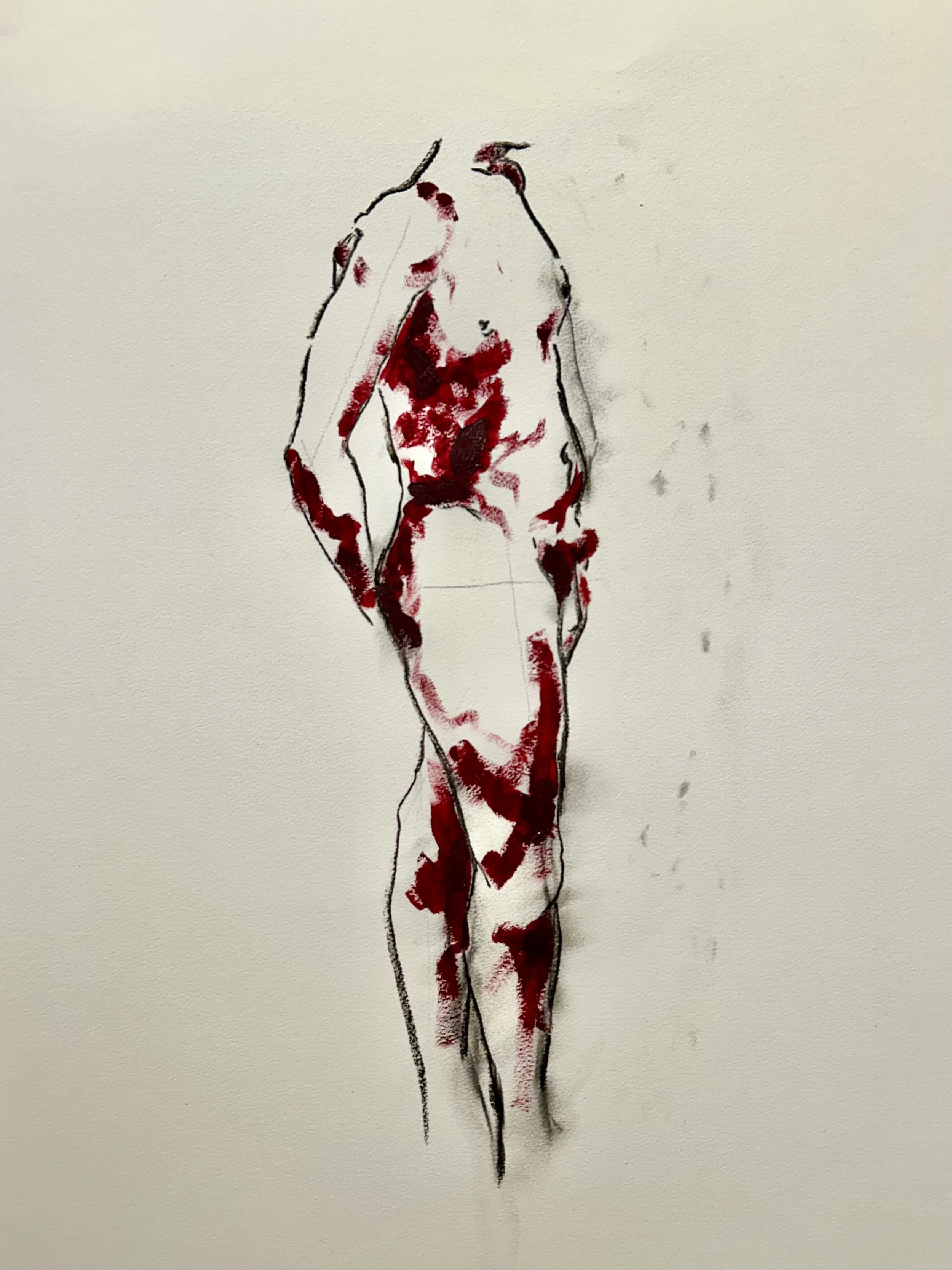A sketch of a human figure with red paint splatters on the torso, outlined with black lines on a white background.