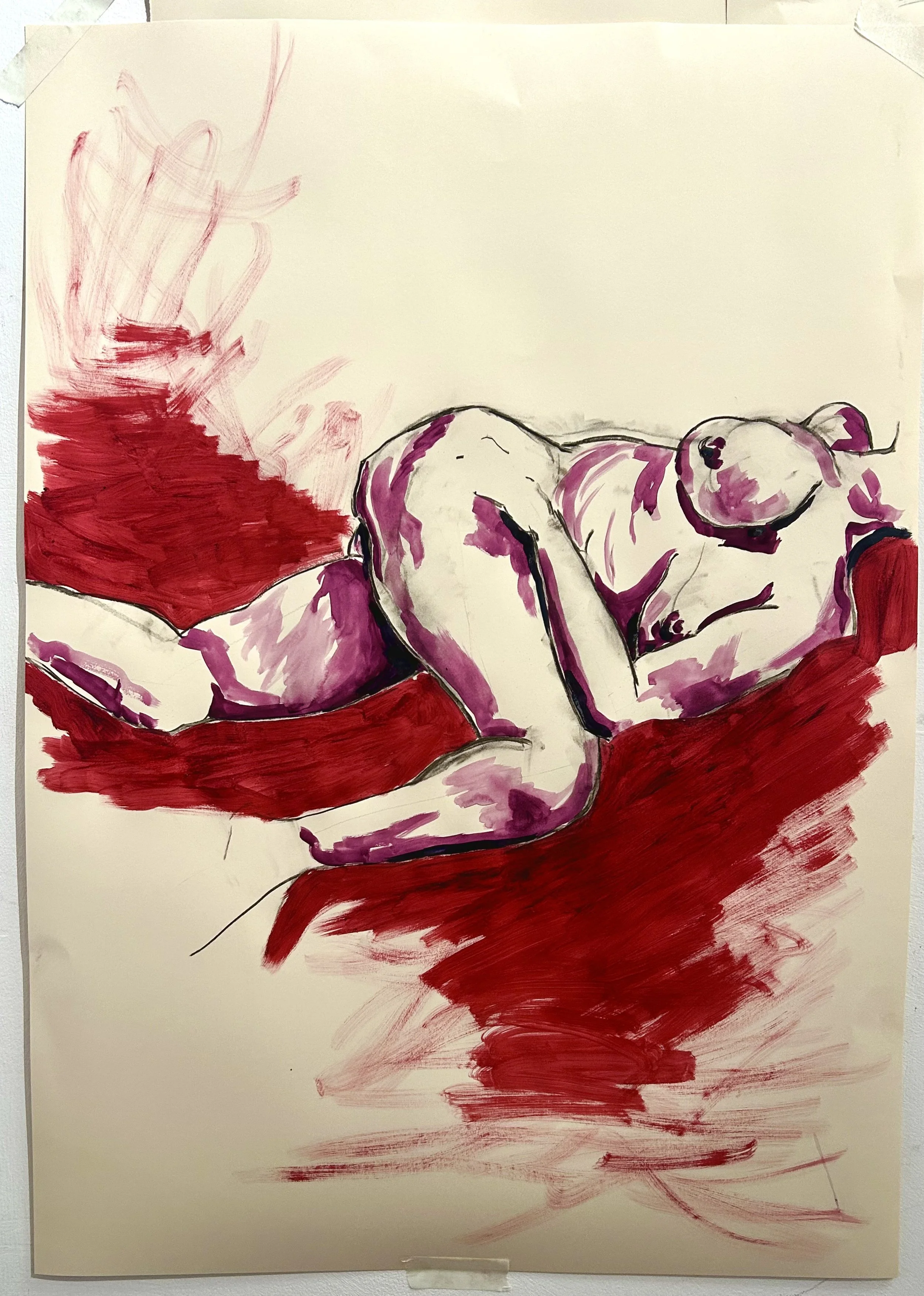 A watercolor-style painting of a woman lying on a red surface, wearing glasses, with short hair, and a relaxed pose. The background is mostly white with some red and purple brushstrokes.