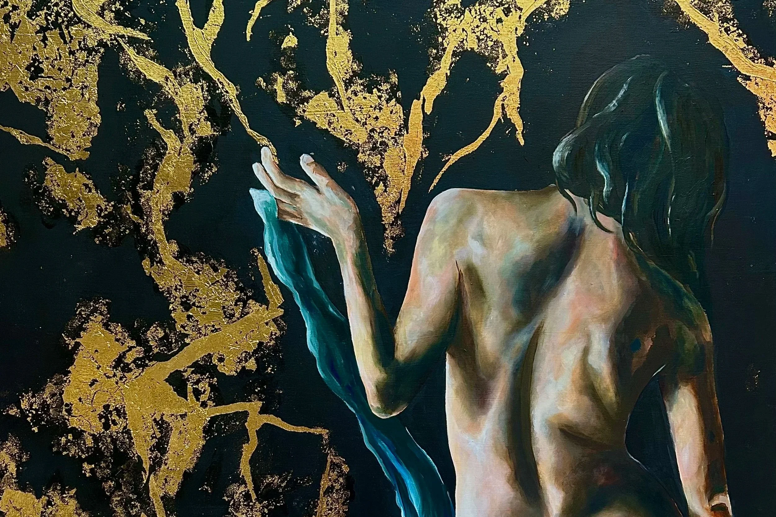 An artistic painting of a woman with dark, flowing hair seen from the back, with her shoulder and part of her arm visible, against a black background with gold accents resembling branches or veins.