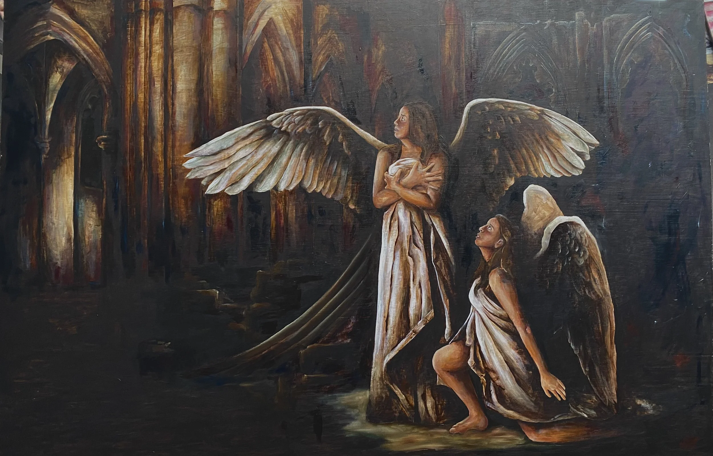 A realistic painting of three women with large feathered wings, dressed in white cloths, inside a gothic-style cathedral with tall arches and stained glass windows.