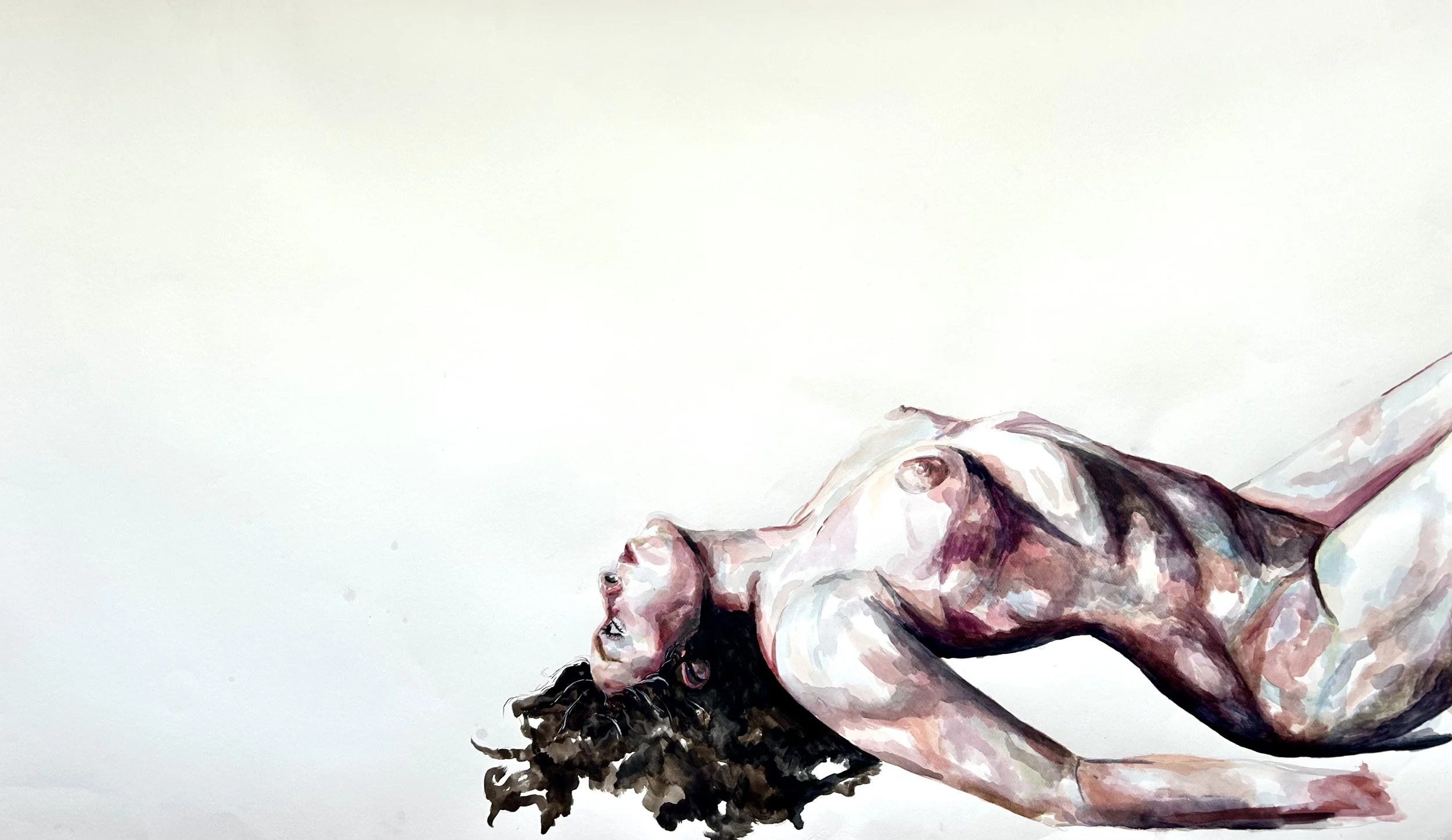 Painting of a woman lying on her back with long curly hair, wearing a white dress, against a plain background.